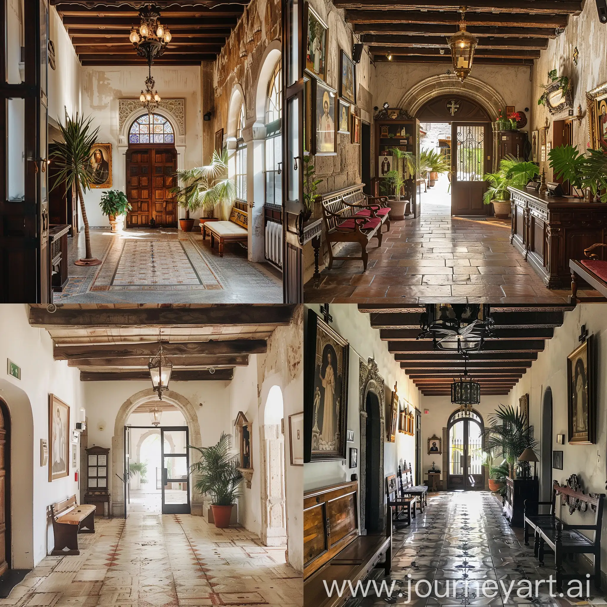 entrance/lobby of modest vintage Spanish and religious hotel

