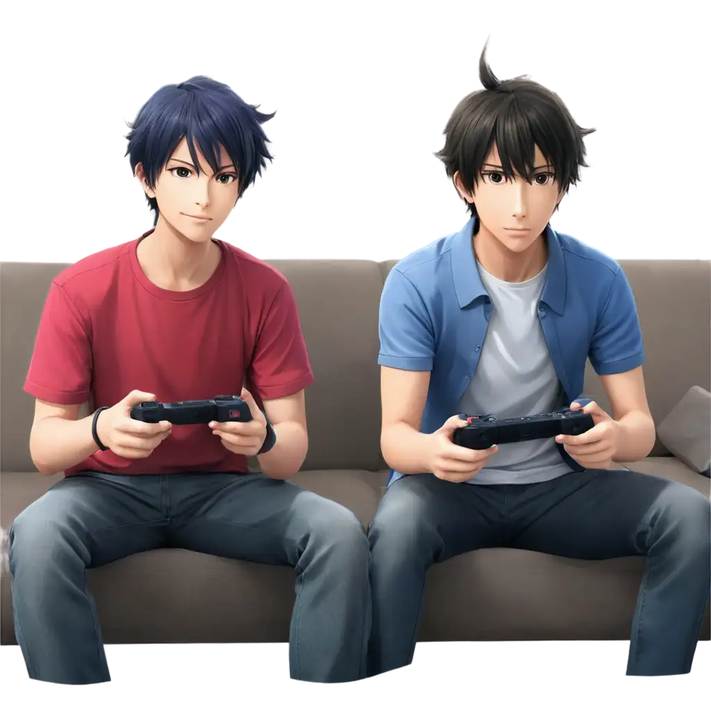 Two anime guys playing video games sat on a couch