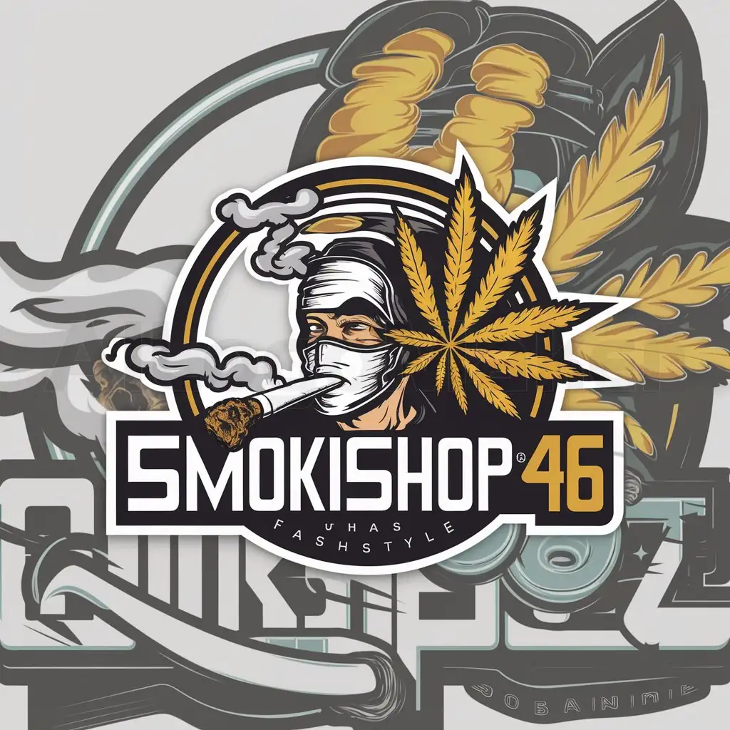 a logo design,with the text "SmokiShop46", main symbol:Homme masqué weed cigarette,complex,clear background
