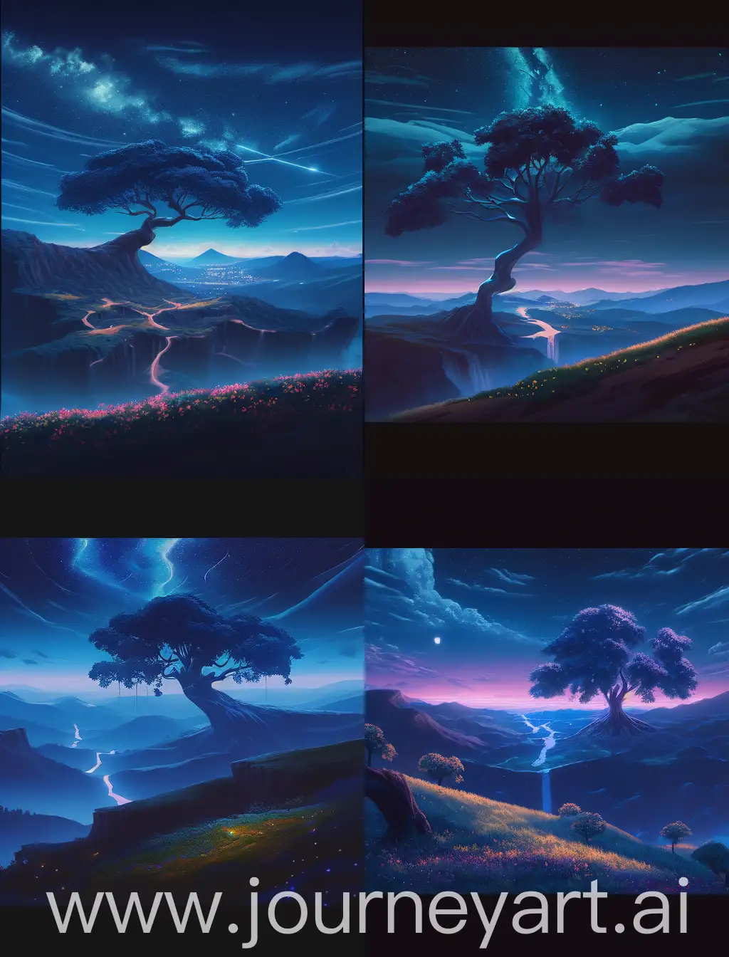 A stylized image about a dark night. The view over a valley with a big tree in the distance.