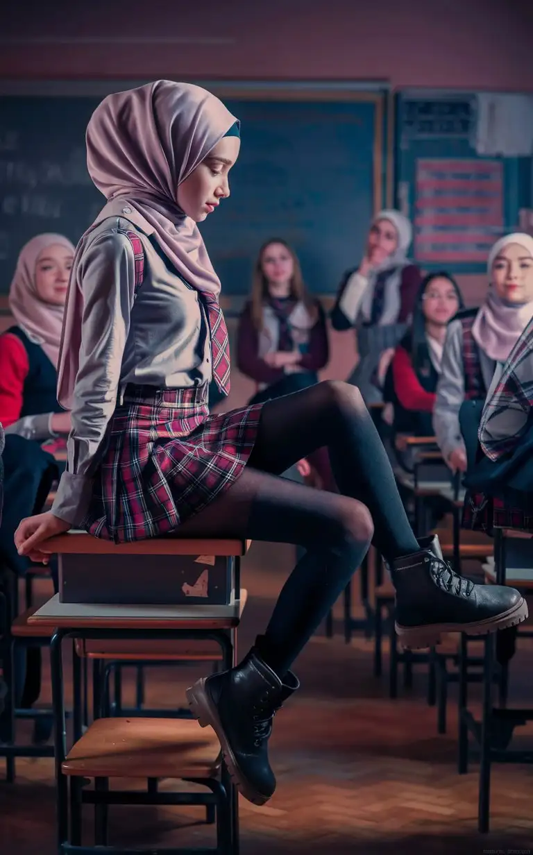 A beautiful girl.  14 years old. She wears a hijab, skinny shirt, so mini school skirt, black opaque tights, small winter boots,
She is beautiful. She crossed legs on the teacher desk.
Side view, in classroom, elegant sits, petite. The classroom is full girl students. One legs on the other desk.