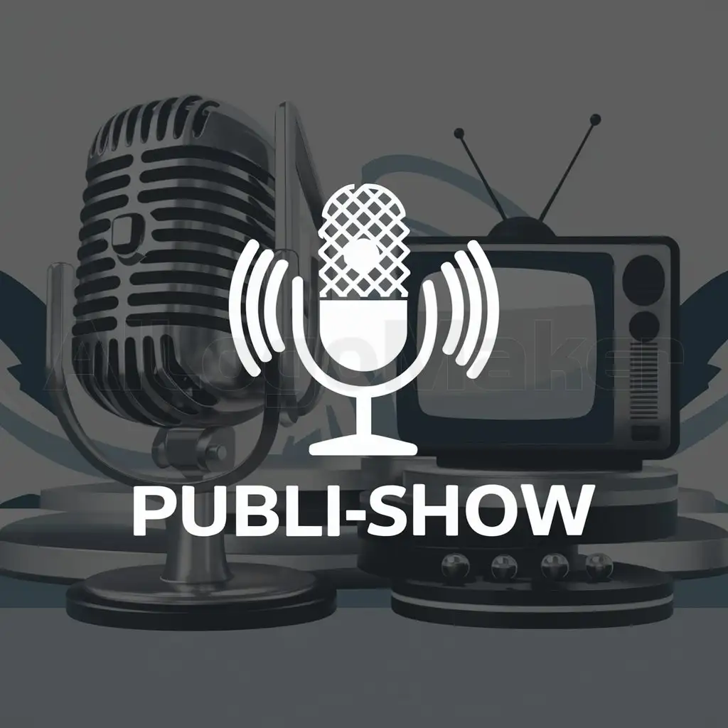 a logo design,with the text "Publi-Show", main symbol:Microfono, radio, television,Moderate,clear background