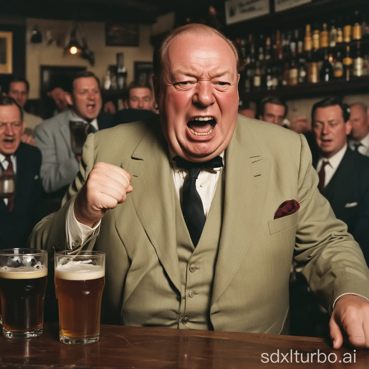 Old color photo of angry Winston Churchill screaming and shaking his fist in a bar, pint of beer in front of him