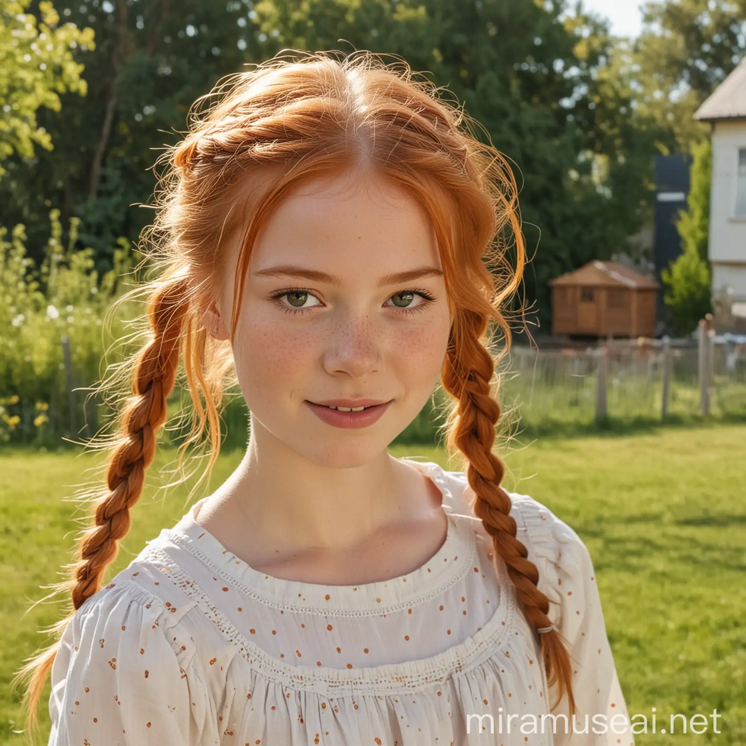 a young girl with ginger hair in braids childish constitution smaller build rosy cheeks with freckles, swinging in the backyard