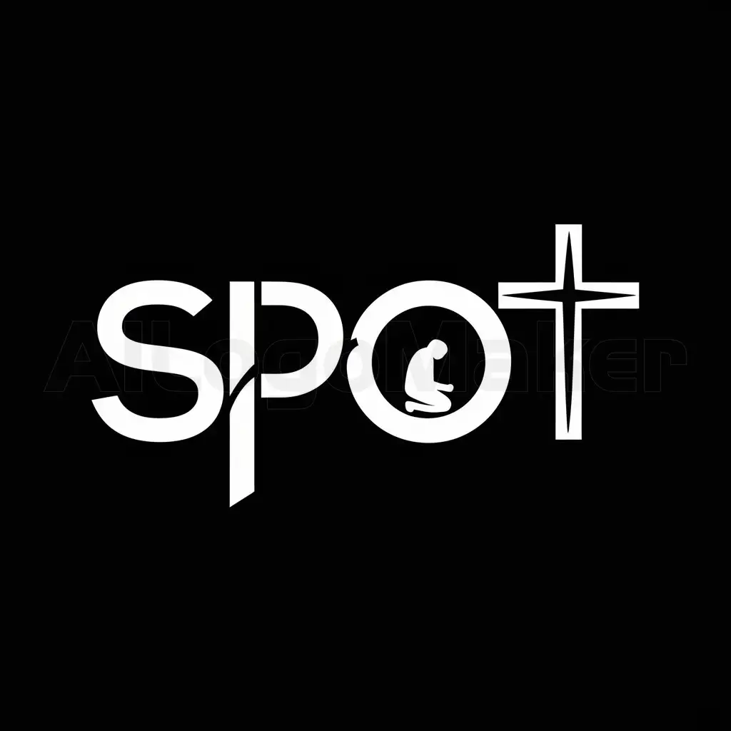 a logo design,with the text "SPOT", main symbol:letters, black background, and the letter T be in the form of a cross, and in the letter O form a kneeling person in small size only the silhouette, use impact as a font,Moderate,be used in Religious industry,clear background