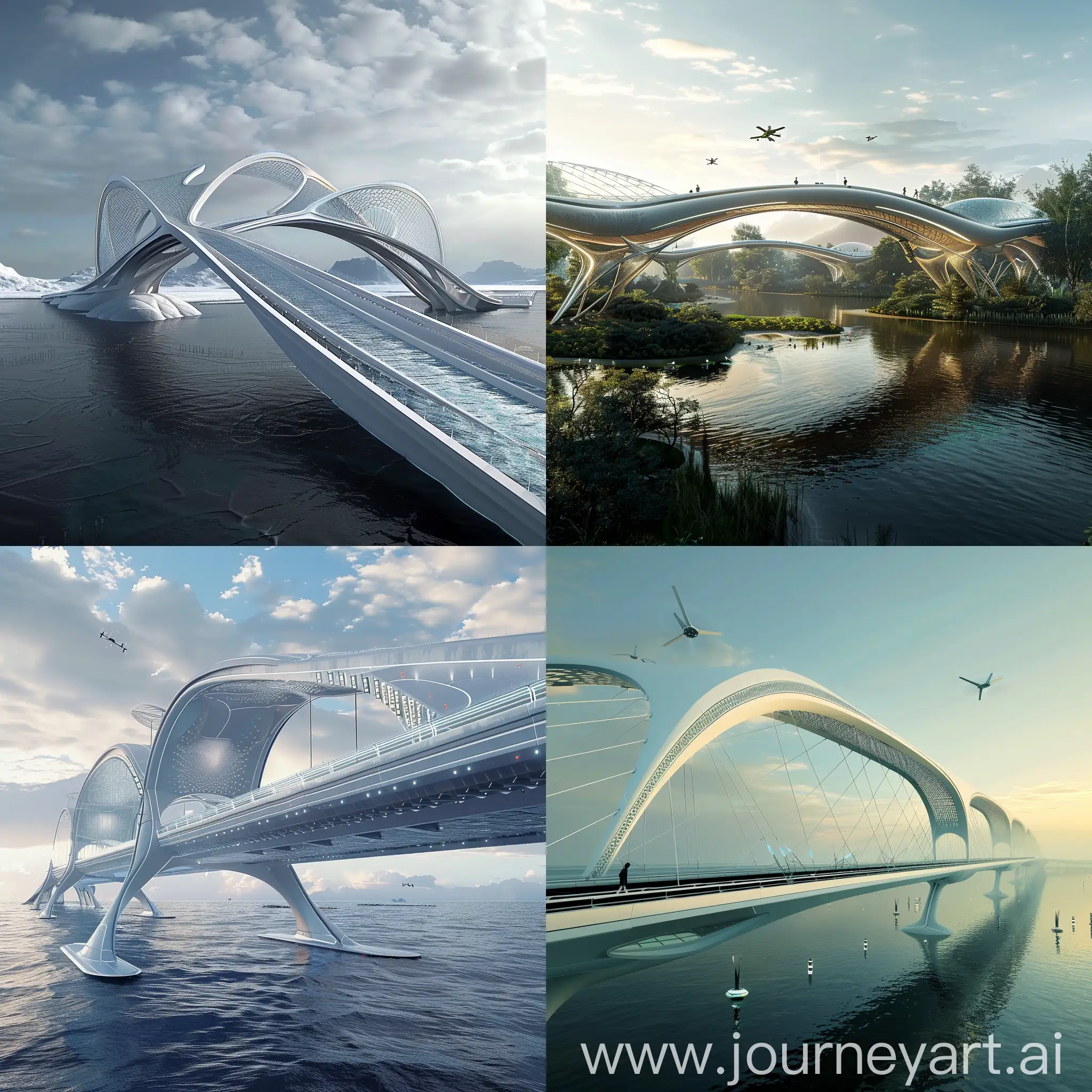 Sci-Fi bridge, Advanced Science and Technology, Smart Sensors, Energy Harvesting, Drones for Inspection, 3D-Printed Components, Adaptive Lighting, De-icing Technologies, Carbon Fiber Reinforcement, Aerodynamic Designs, Exotechnology Materials, Interactive Displays, Dynamic Shape-Shifting, Solar Panel Integration, Wind Turbines, Environmental Integration, Interactive Façades, Aeroelastic Flapping Bridges, Water Collection Systems, Transparent Roadways, Magnetic Levitation (Maglev) Tracks, Drone Ports, Unreal Engine 5, Autodesk Maya, Autodesk 3Ds Max --stylize 1000