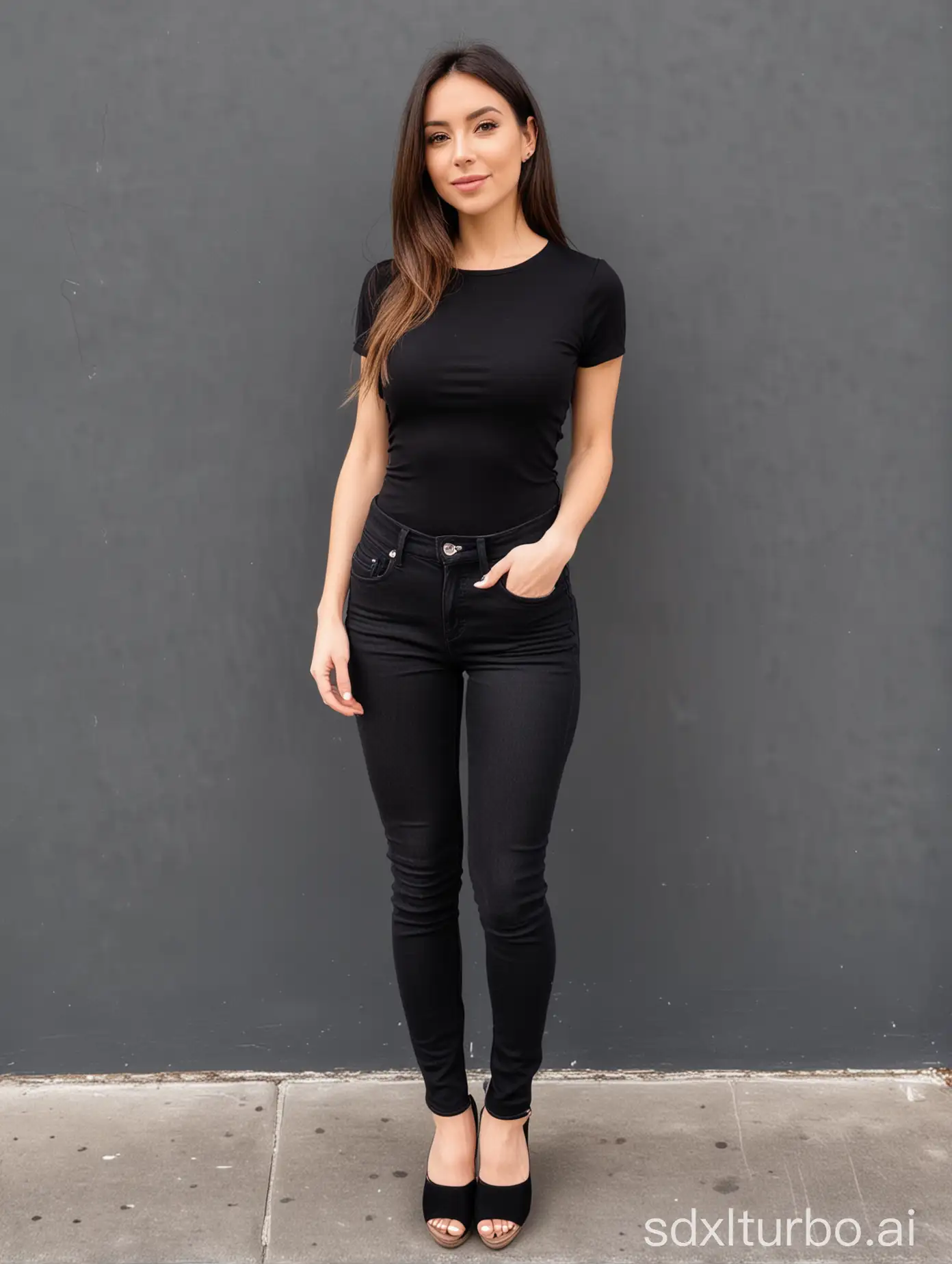 young petite woman with small body in black top and black skinny jeans