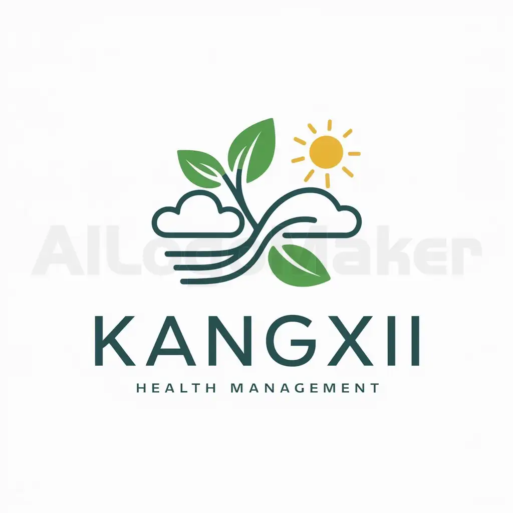 a logo design,with the text "Kangxi Health Management", main symbol:Green leaves, white clouds, sun,complex,be used in Others industry,clear background