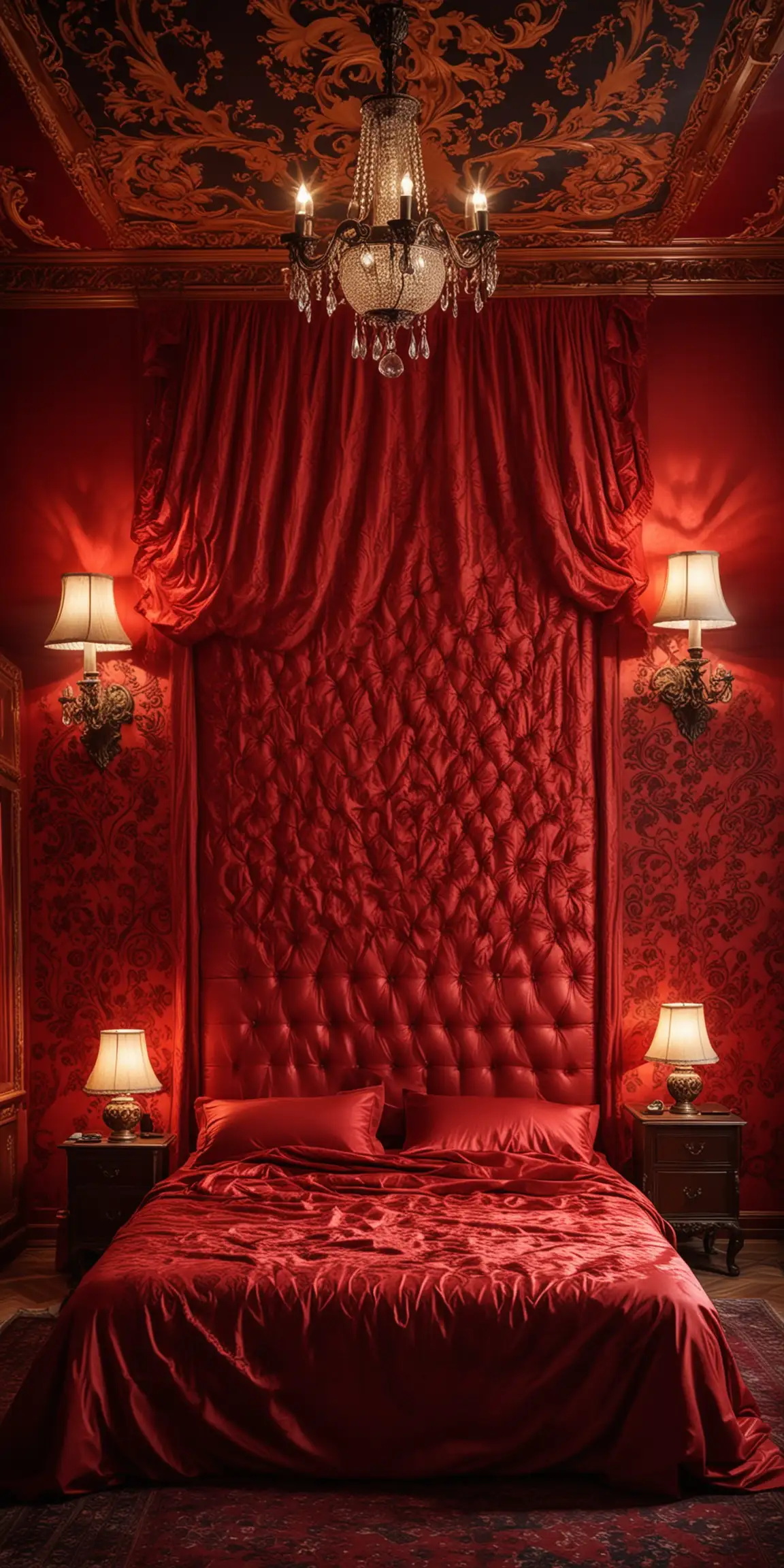 Beautiful bedroom, red vinyl fabric stretched on the walls, red vinyl bedcover, dim light, baroque lamps, mysterious atmosphere 