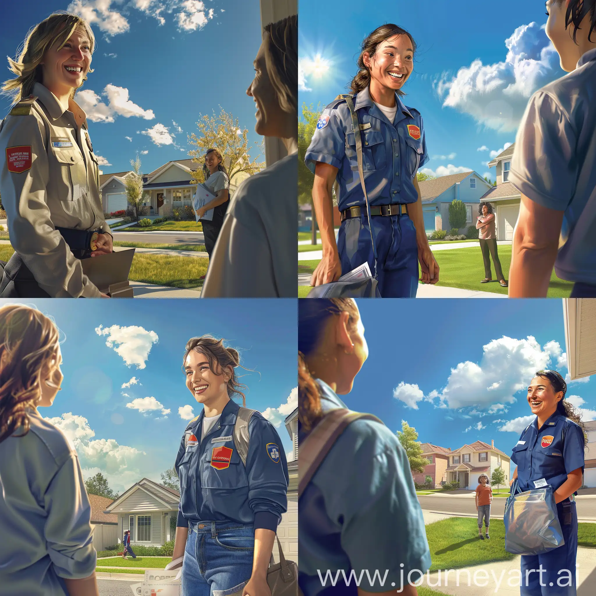 Create a photorealistic image of a real mail delivery person with a smile on her face, about to deliver mail to a person on a sunny day. The scene is bright and cheerful. The mail carrier is wearing a postal uniform and carrying a mailbag. The background includes a clear blue sky with a few fluffy clouds and a residential area featuring houses with green lawns. The recipient is standing at their doorstep, looking happy to receive the mail. The image should look as if it was taken with a real photo camera, capturing the warmth and friendliness of the moment.