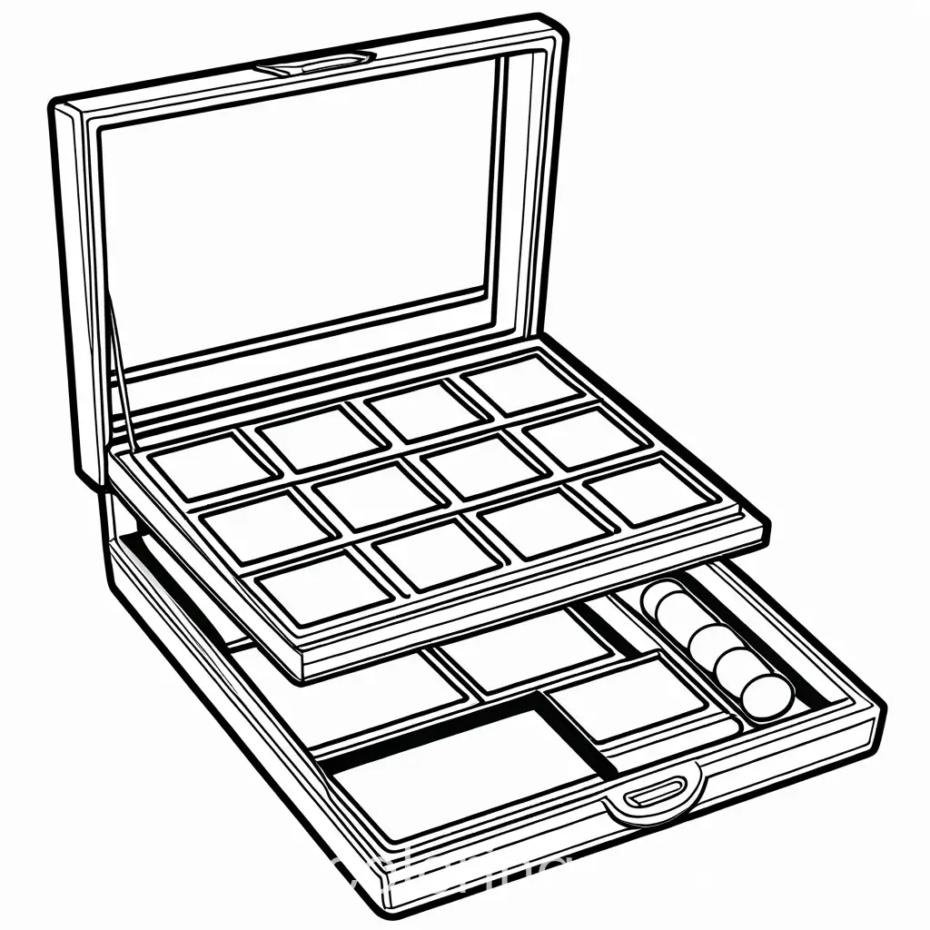 Illustrate a simple, black-and-white line drawing of a rectangular makeup compact for a kids' coloring page. The compact should be open with a hinged lid, featuring a mirror on the inside. Inside the compact, include compartments with different makeup items such as a blush brush, a makeup palette, and a lipstick. Use bold, clean lines to outline the shape of the compact and its contents. Ensure the image is monochromatic, featuring only black lines on a white background, providing a clear and practical representation perfect for coloring , Coloring Page, black and white, line art, white background, Simplicity, Ample White Space. The background of the coloring page is plain white to make it easy for young children to color within the lines. The outlines of all the subjects are easy to distinguish, making it simple for kids to color without too much difficulty