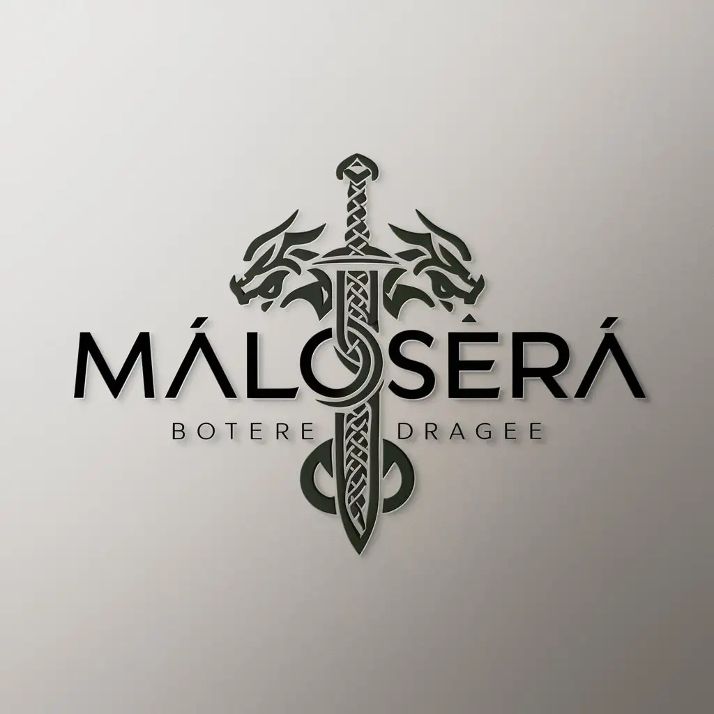 a logo design,with the text "MaloSerá", main symbol:Dragon, thor, celtic, sword,Minimalistic,clear background