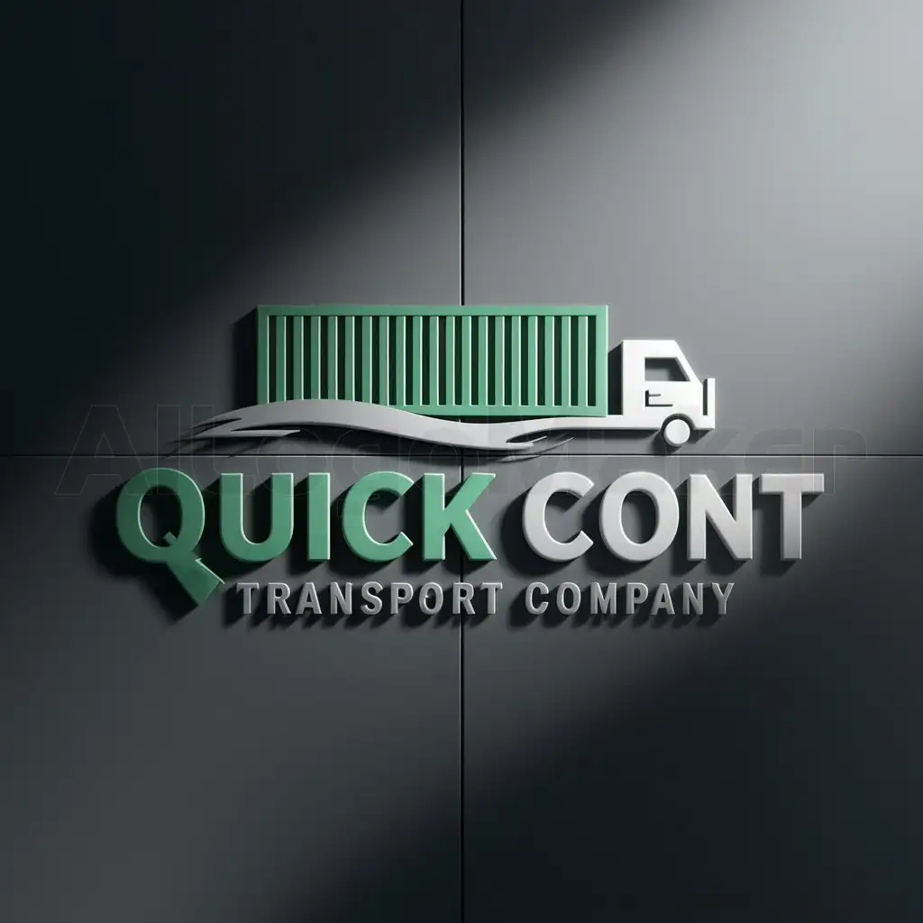 a logo design,with the text 'Quick Cont', main symbol: 'Compact and modern logo for transport company 'Quick Cont'. Name of the company should be done in rich emerald or green color on dark background. Design should include elements of logistics such as drawn sea container or truck-container ship. Sense of movement or interconnectedness, while maintaining professional and clean look. Text should be clear and legible, with modern font. Overall aesthetic should reflect reliability, efficiency, and professionalism.',Moderate,be used in Automotive industry,clear background. the logo looks straight ahead
