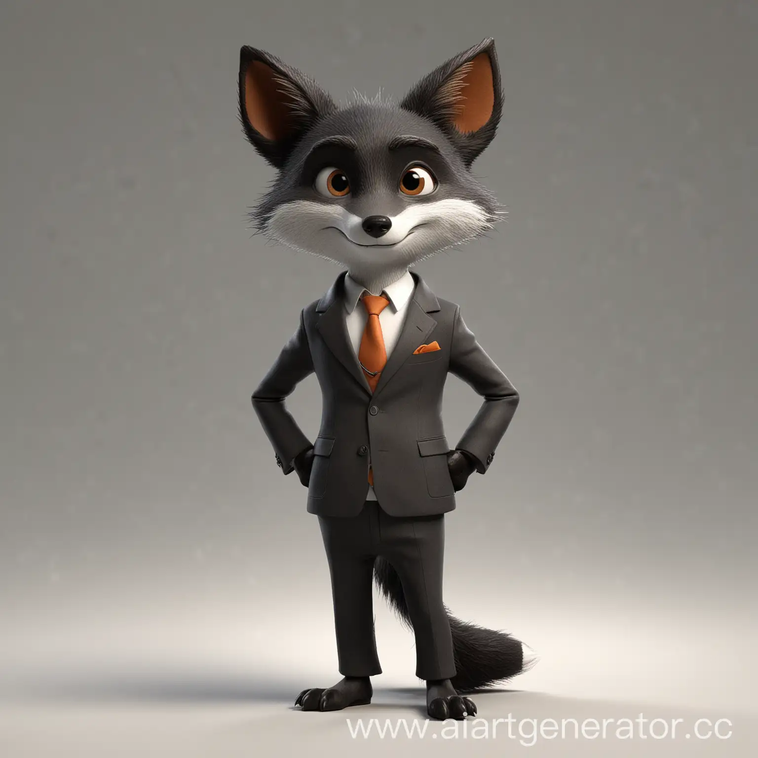 3D Персонаж в стиле pixar. черная лиса  в деловом костюме, на белом фоне, меньше деталей