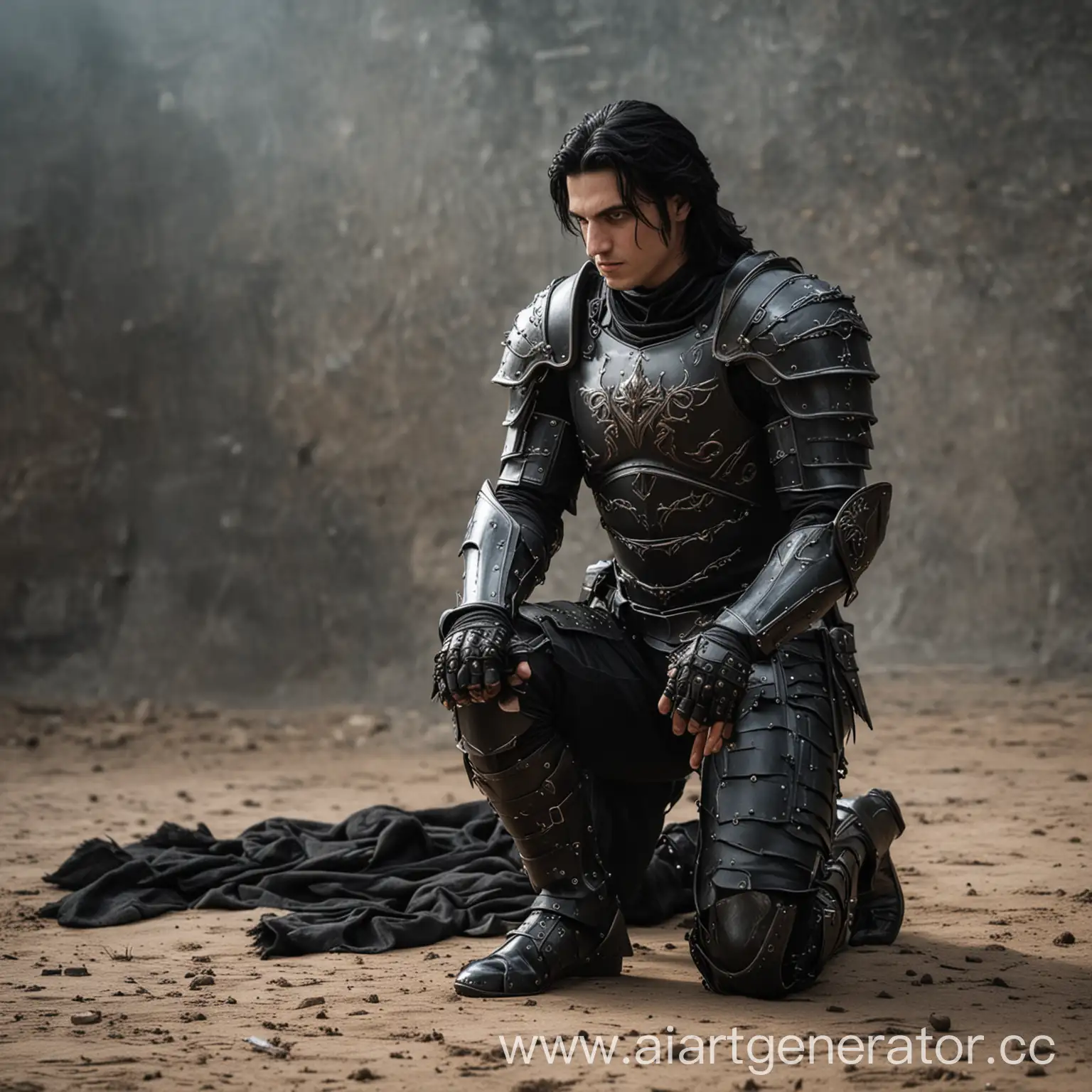 Knight-in-Black-Armor-Kneeling-in-Respectful-Gesture