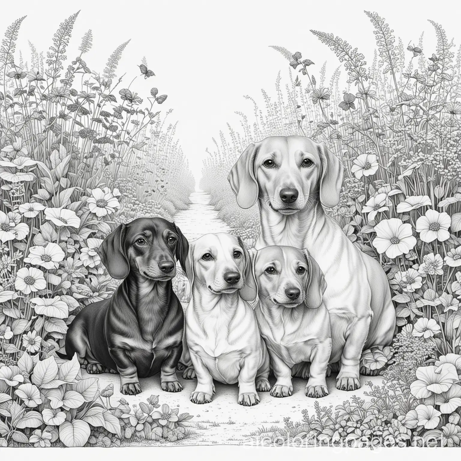 Garden of dachshunds, Coloring Page, black and white, line art, white background, Simplicity, Ample White Space. The background of the coloring page is plain white to make it easy for young children to color within the lines. The outlines of all the subjects are easy to distinguish, making it simple for kids to color without too much difficulty