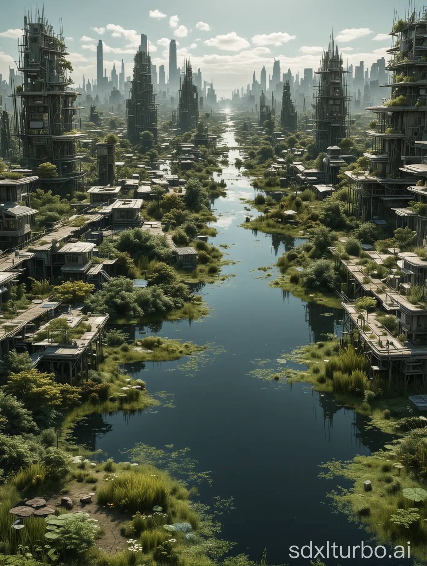 Futuristic-Utopian-Cityscape-Reflecting-in-Cybernetic-Wetland-Ecosystem