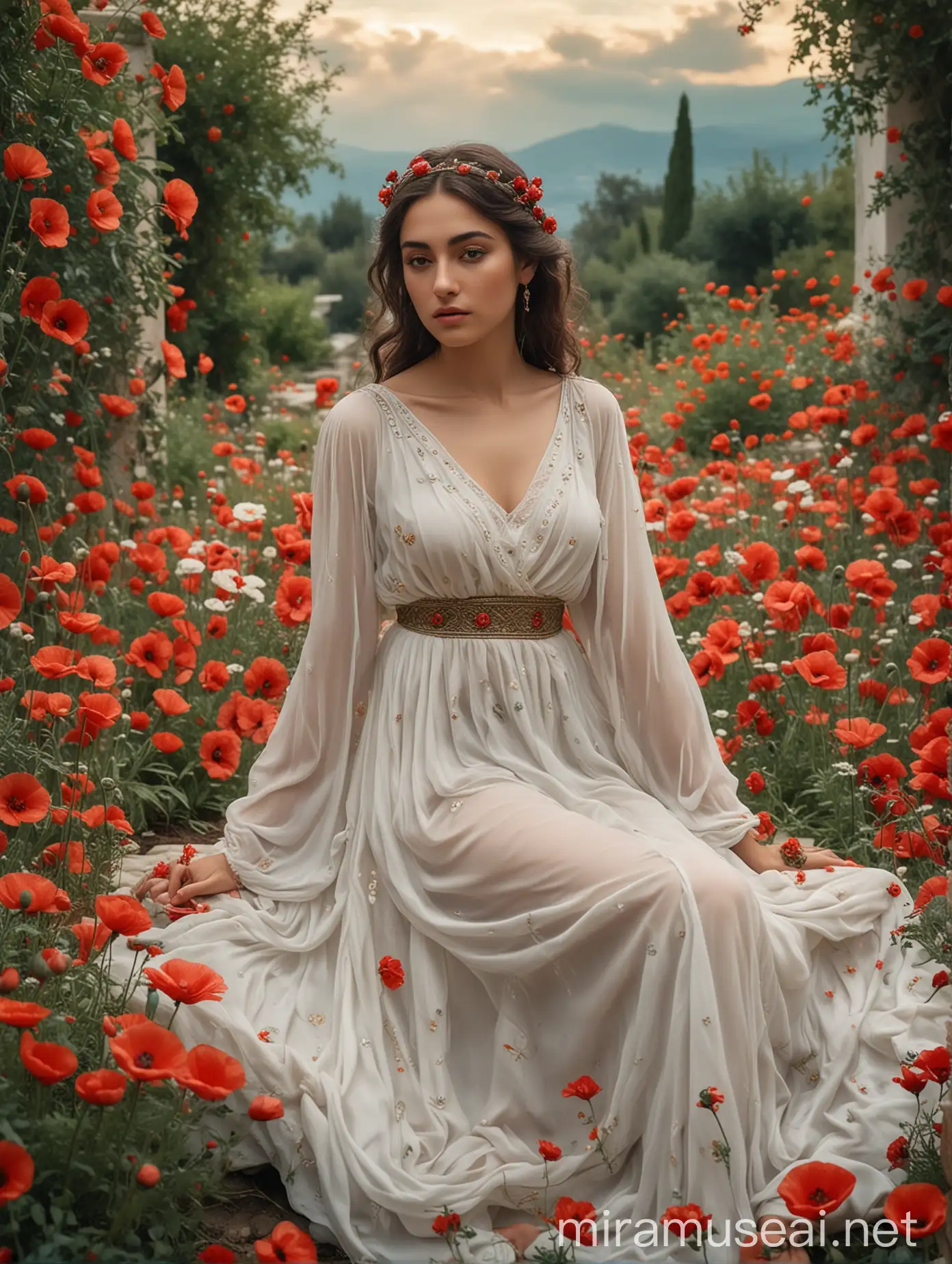 Aslıhan Malbora as Pasithea, the goddess of relaxation and dreams. She is sitting in a garden filled with exotic flowers and calming plants. The environment is intricately drawn with ethereal clouds. The color palette includes soft hues, with a diffuse light creating a magical and tranquil atmosphere. She is crowned by red poppies flowers. She is wearing a white and translucent Greek dress.