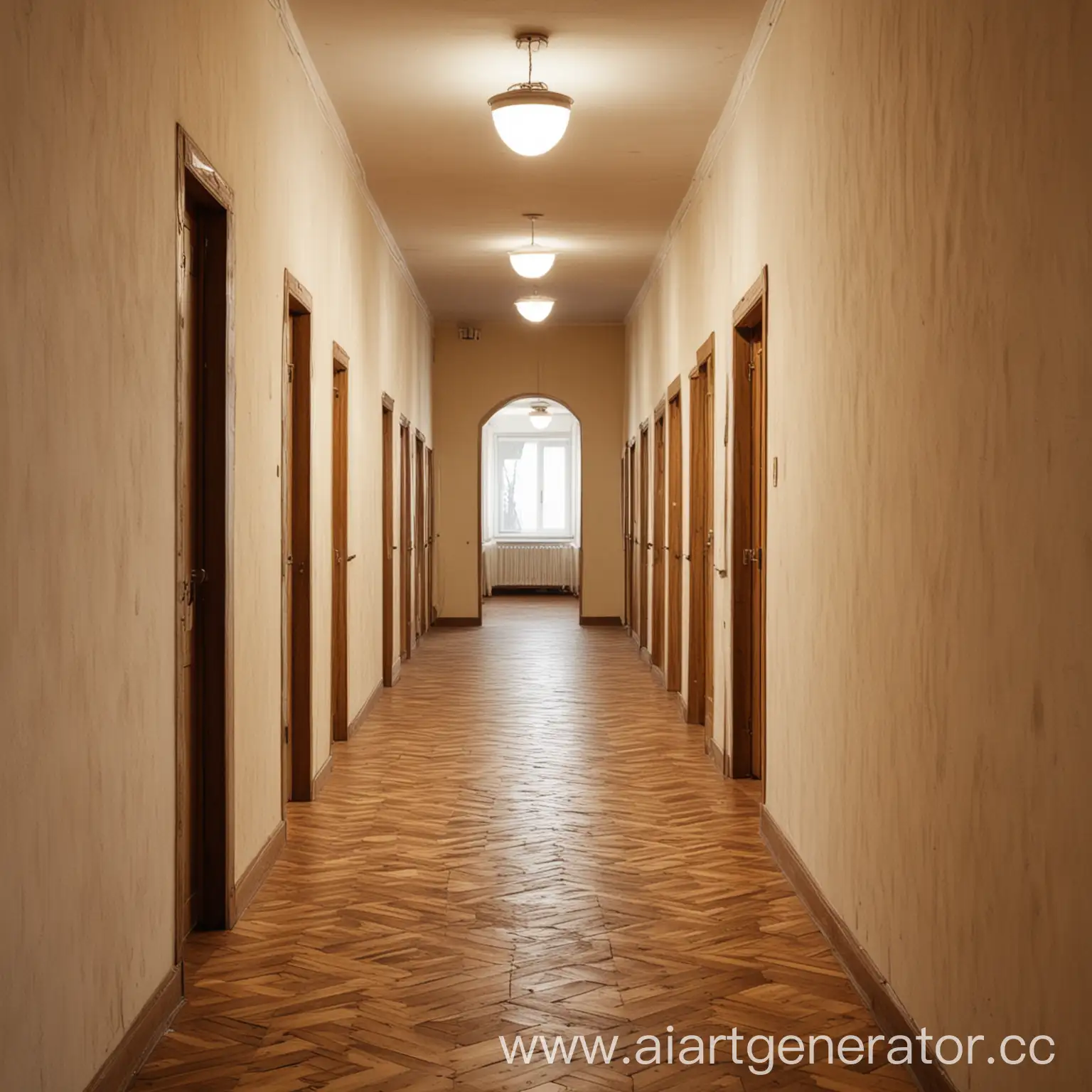 Soviet-Style-Corridor-in-Dormitory-with-Warm-Lighting