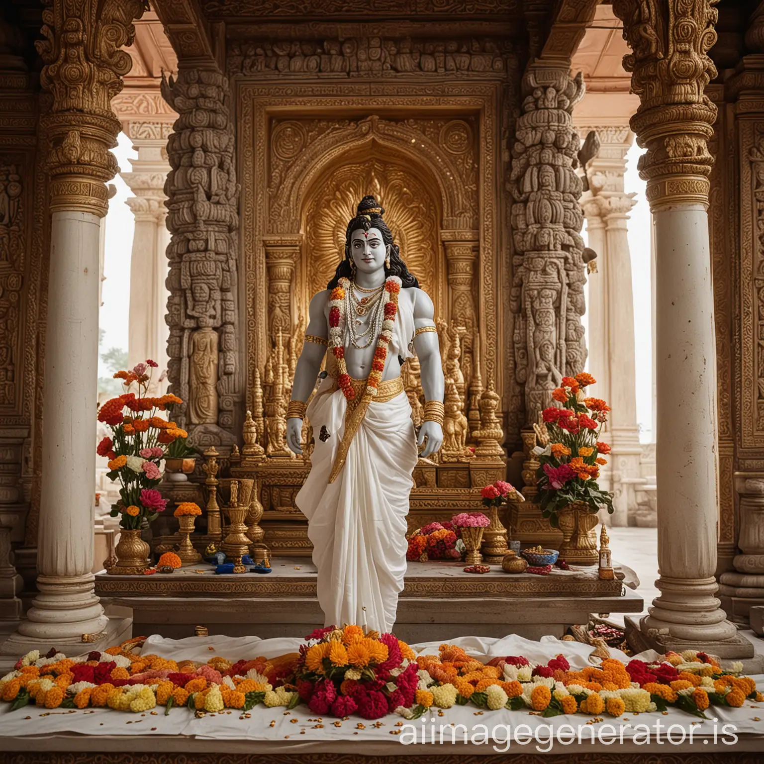Wealthy Indian merchant performing a puja for Lord Shiva, dressed in an elegant white silk dhoti and shawl, standing in front of a beautifully decorated Shiva idol adorned with flowers and offerings, ornate temple interior with golden pillars and intricate carvings, atmosphere of devotion and reverence, Photography, taken with a Canon EOS 5D Mark IV with a 35mm f/1.4 lens, --ar 16:9 --v 5