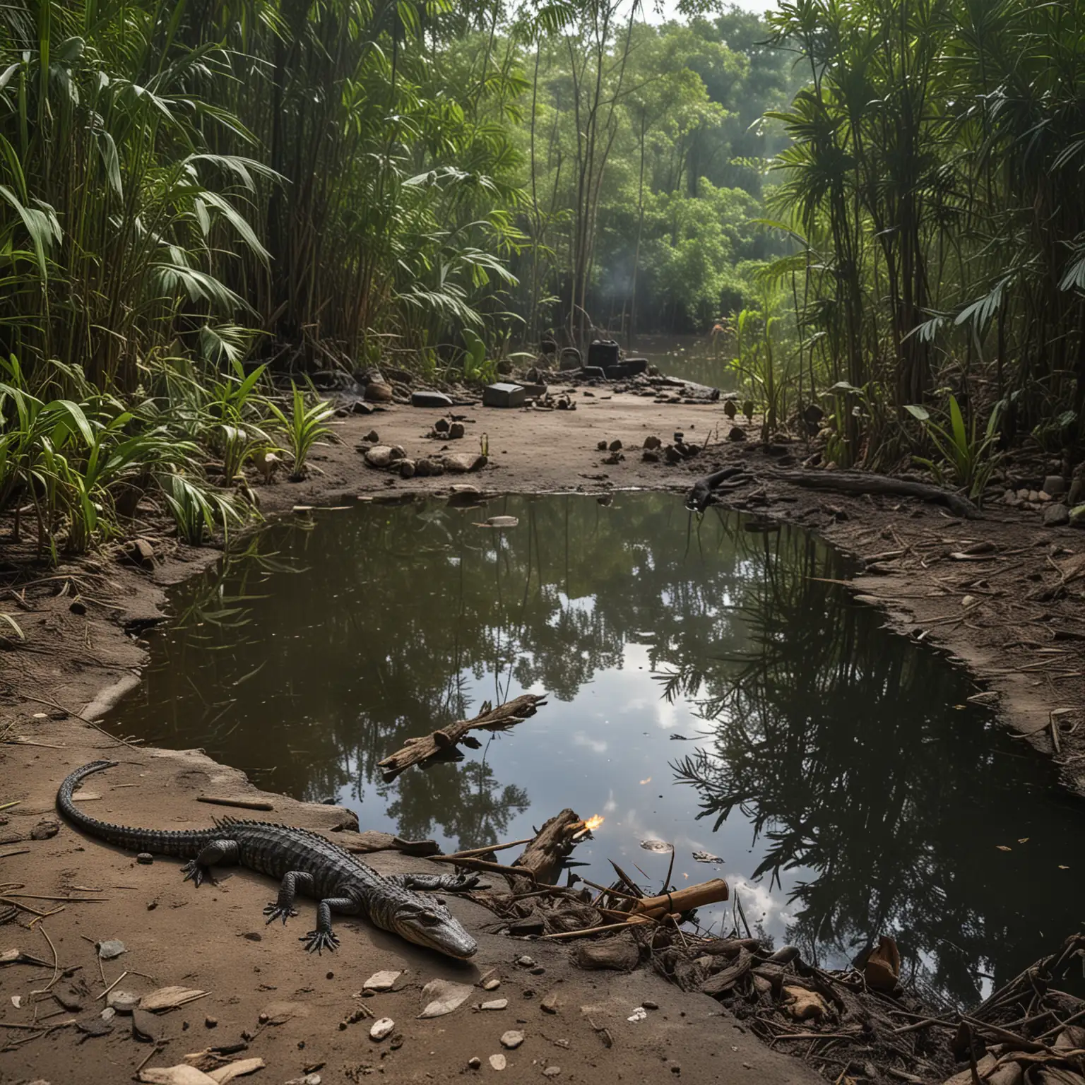 photo of the jungle taken with a DSLR camera. A small pond is in the background with a caiman lying next to it. A smoking fire with a pot sits in the lower left corner of the photo.  There is a lean-to shelter on the right side of the photo.