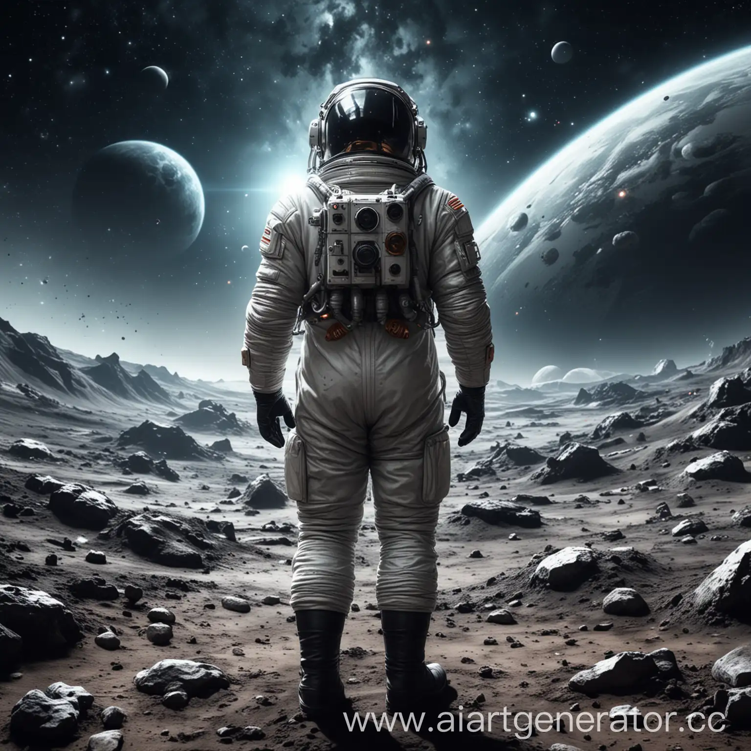 Обложка игра на космическую тематику, космонавт стоит спиной, перед ним космическая колония