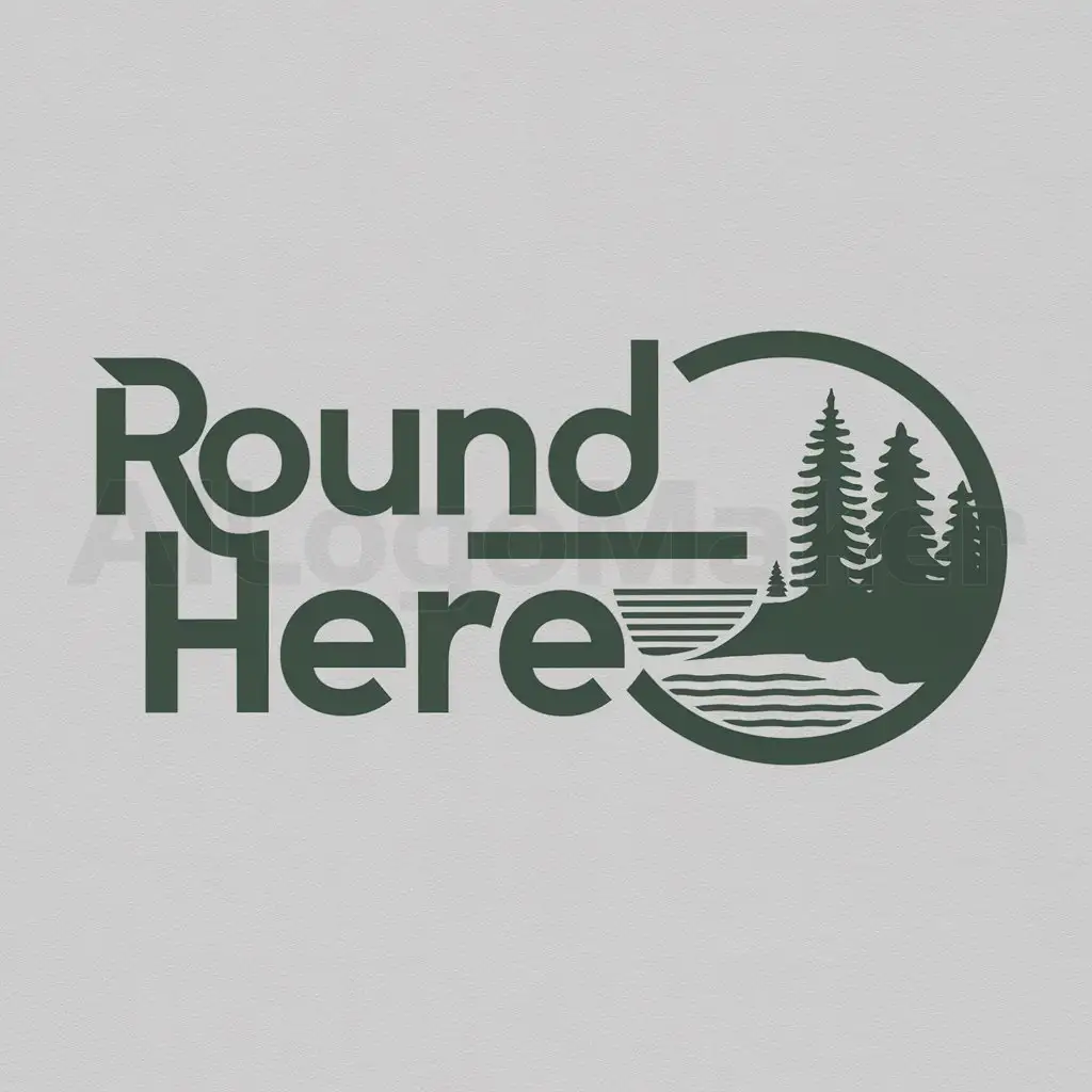 a logo design,with the text 'Round Here', main symbol:Maine coast, Ocean and Pine Trees in a circle,Moderate,be used in Travel industry,clear background