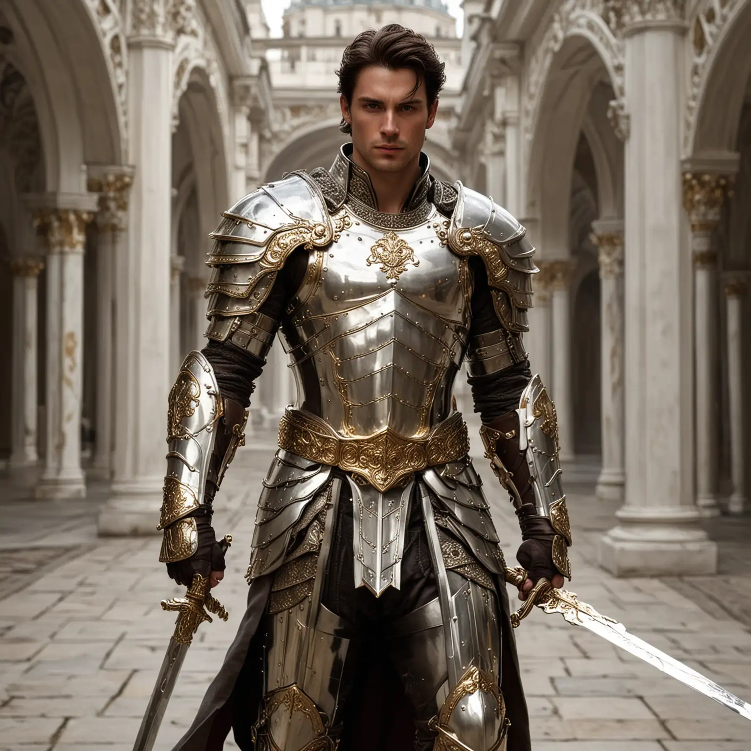 Royal Prince in White and Gold Armor with Sword