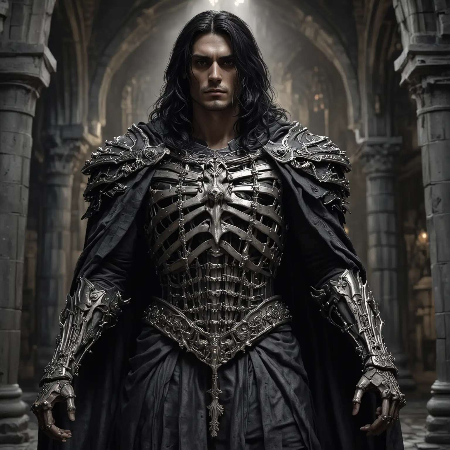 Realistic, up close full body, male, wavey long black hair, night, castle interior, black and silver skeleton armor over robes