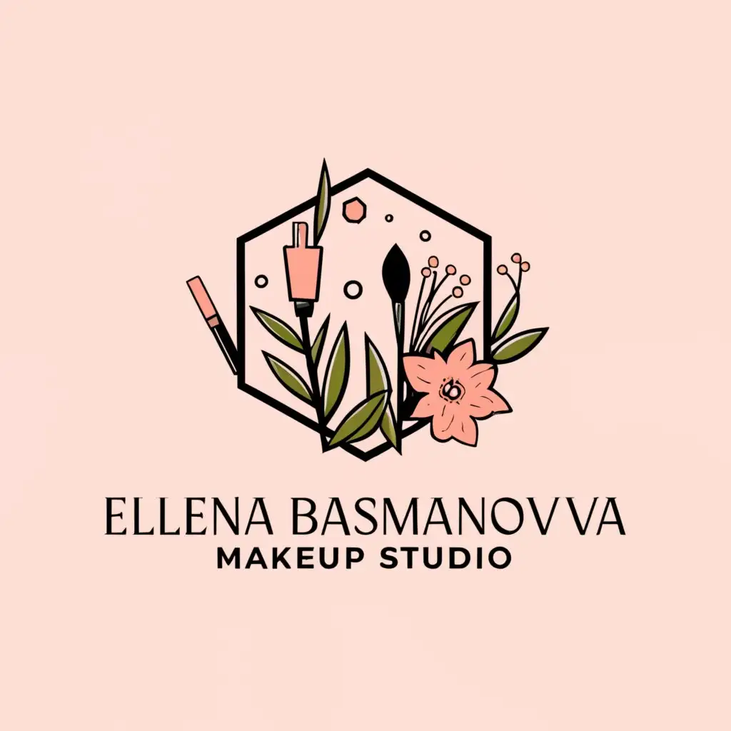 LOGO-Design-for-Elena-Basmanovas-Makeup-Studio-Elegant-Hexagon-with-Cosmetics-and-Floral-Accents