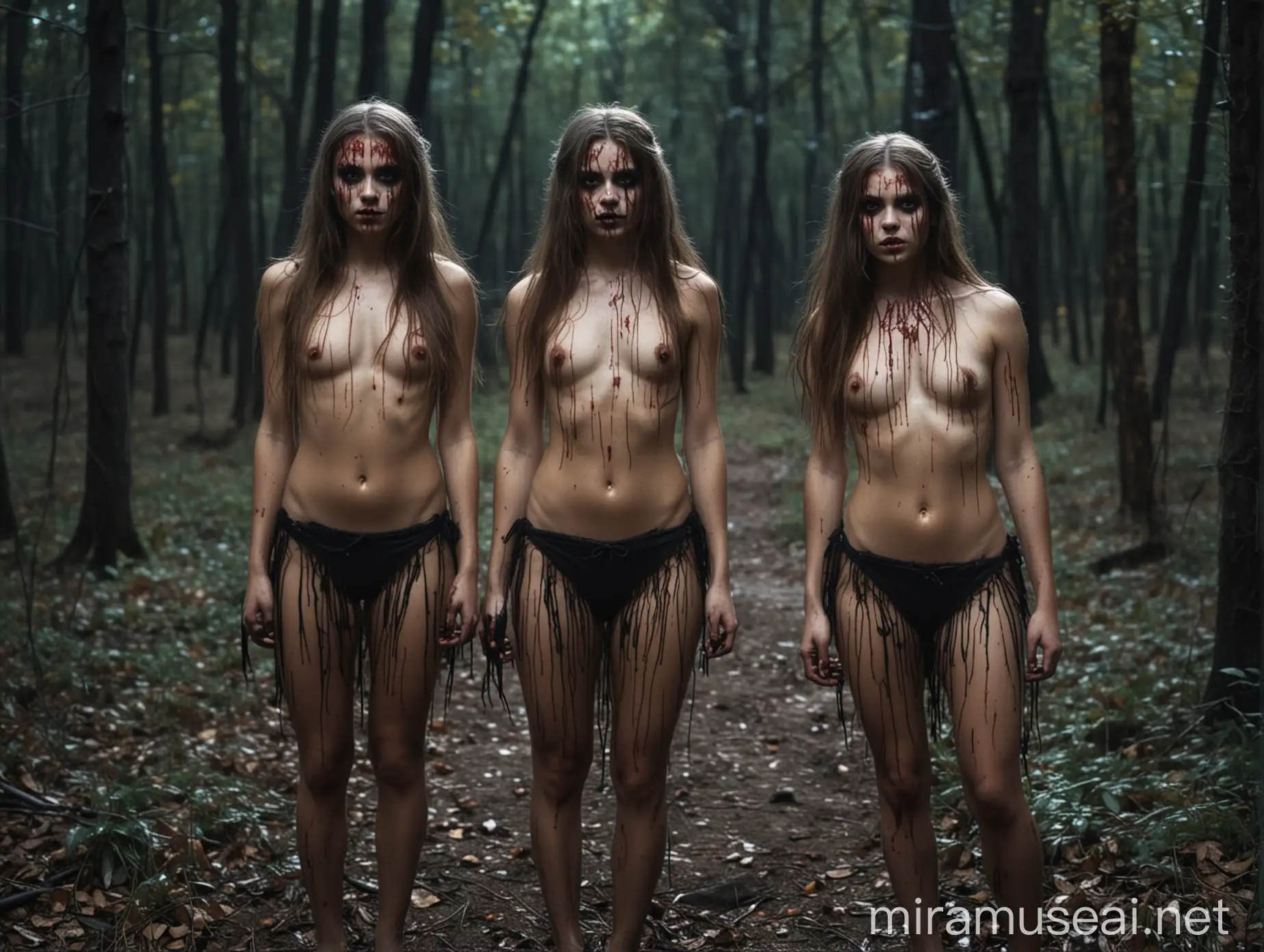 cute teen girls with long messy  hair in dark forest at night topless ready to attack, horror, bloodthirsty, evil makeup