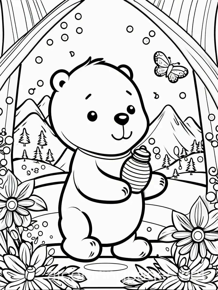 bear eating honey, Coloring Page, black and white, line art, white background, Simplicity, Ample White Space. The background of the coloring page is plain white to make it easy for young children to color within the lines. The outlines of all the subjects are easy to distinguish, making it simple for kids to color without too much difficulty