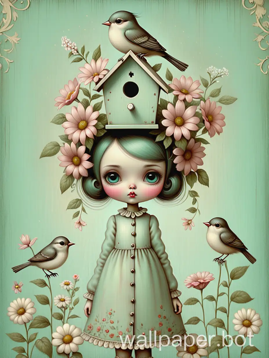 charming little lady in full growth. flowers and birdhouse on the head. Cozy, soft tones on a mint light distressed background, art by Suzanne Woolcott, Mark Ryden,