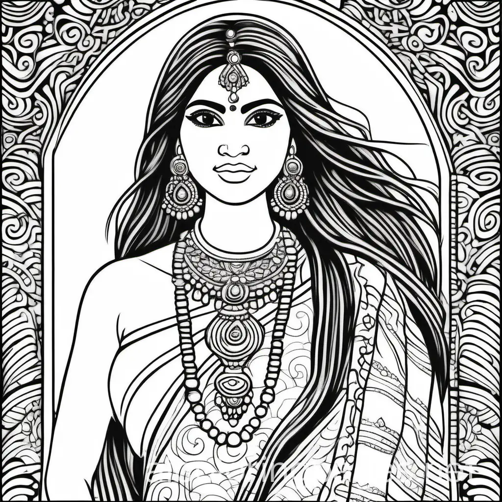 a voluptuous Indian female  in traditional patterned robes, give her long straight hair,, Coloring Page, black and white, line art, white background, Simplicity, Ample White Space. The background of the coloring page is plain white to make it easy for young children to color within the lines. The outlines of all the subjects are easy to distinguish, making it simple for kids to color without too much difficulty