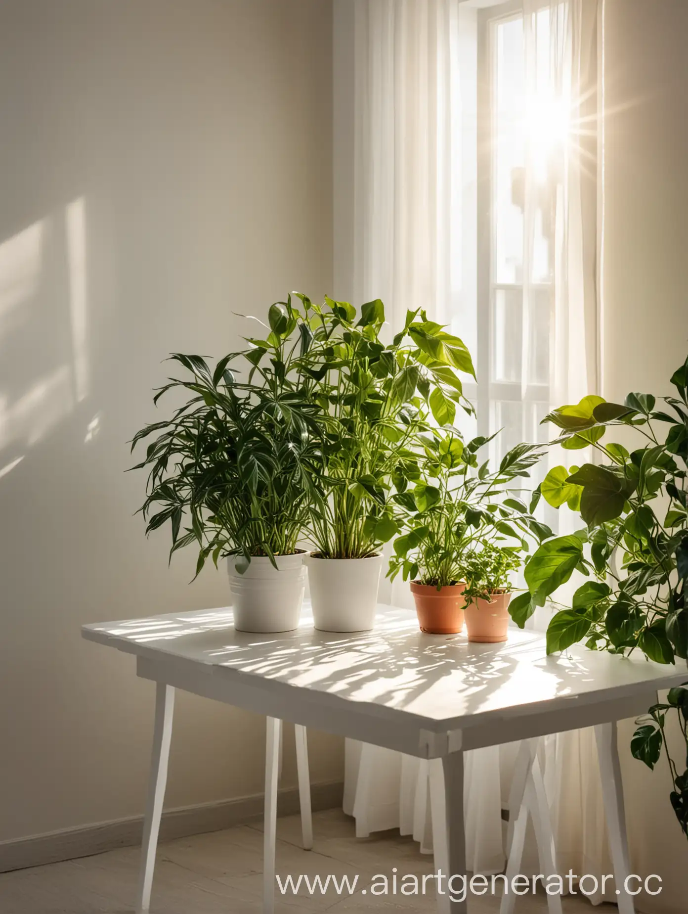 белый стол с солнечными лучами с комнатными растениями