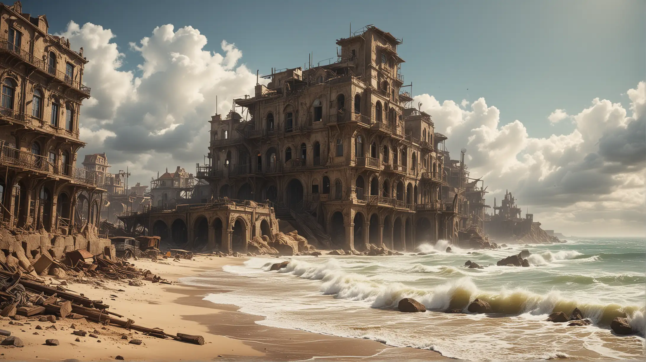 the ruins of a very old steampunk city by the sea, high waves, strong wind, some sand, sunny