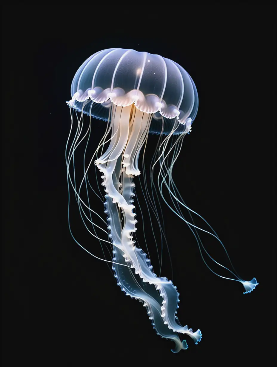 bell shaped moon jellyfish with long tendrils on black background