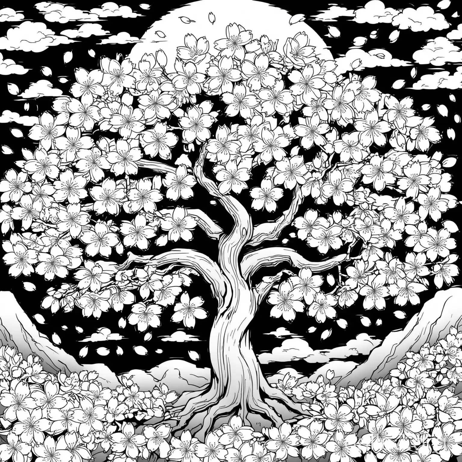 Japanese style Sakura tree. This is to be made in black and white for a coloring book meant for adults. Add, Manga style. the flowers shoud be nice clean to coloring