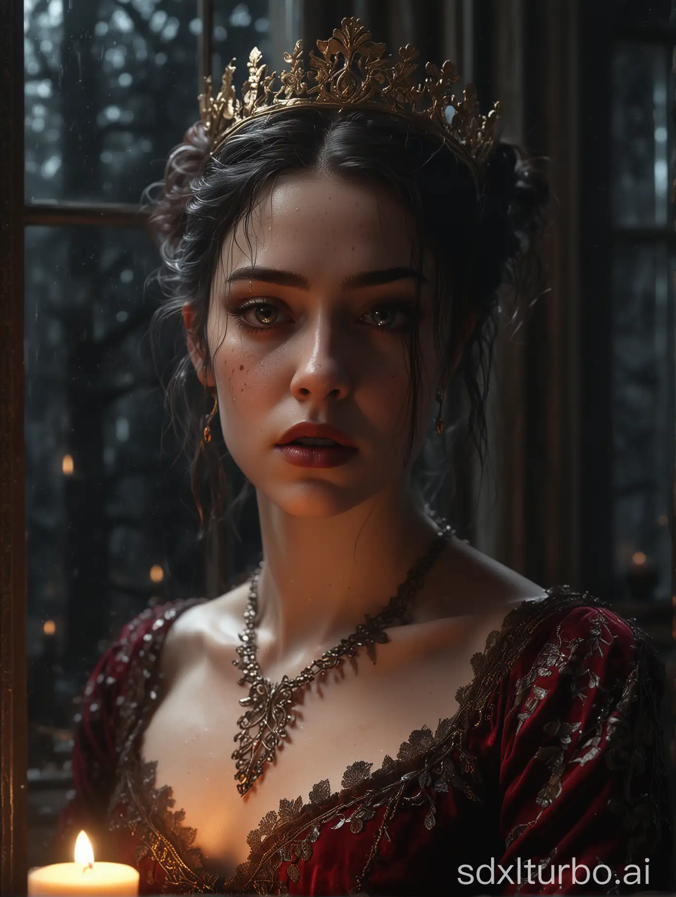 stunning moody portrait of a fallen gilded queen, chiaroscuro, intense expression, contrast, play of lights and darks, dramatic burgundy velvet and lace dress, drama, lit candles, ambient lighting, candlelit glow, night time, the face is a mix of FKA Twigs and Billie Eilish,  mixed media, midnight, bright moonlight shining through the window, mist,  3D, texture, hyper detailed, magical, mindblowing image, statement making, fantastical, highly detailed, inspiring, hyper detailed face and eyes, creative, perfect composition,  8K, award winning, professional concept art, ultra hd, realistic, vivid colors, highly detailed, UHD drawing, pen and ink, perfect composition, beautiful detailed intricate insanely detailed octane render trending on artstation, 8k artistic photography, photorealistic concept art, soft natural volumetric cinematic perfect light, ultra hd, realistic, vivid colors, highly detailed, UHD drawing, pen and ink, perfect composition, beautiful detailed intricate insanely detailed octane render trending on artstation, 8k artistic photography, photorealistic concept art, soft natural volumetric cinematic perfect light