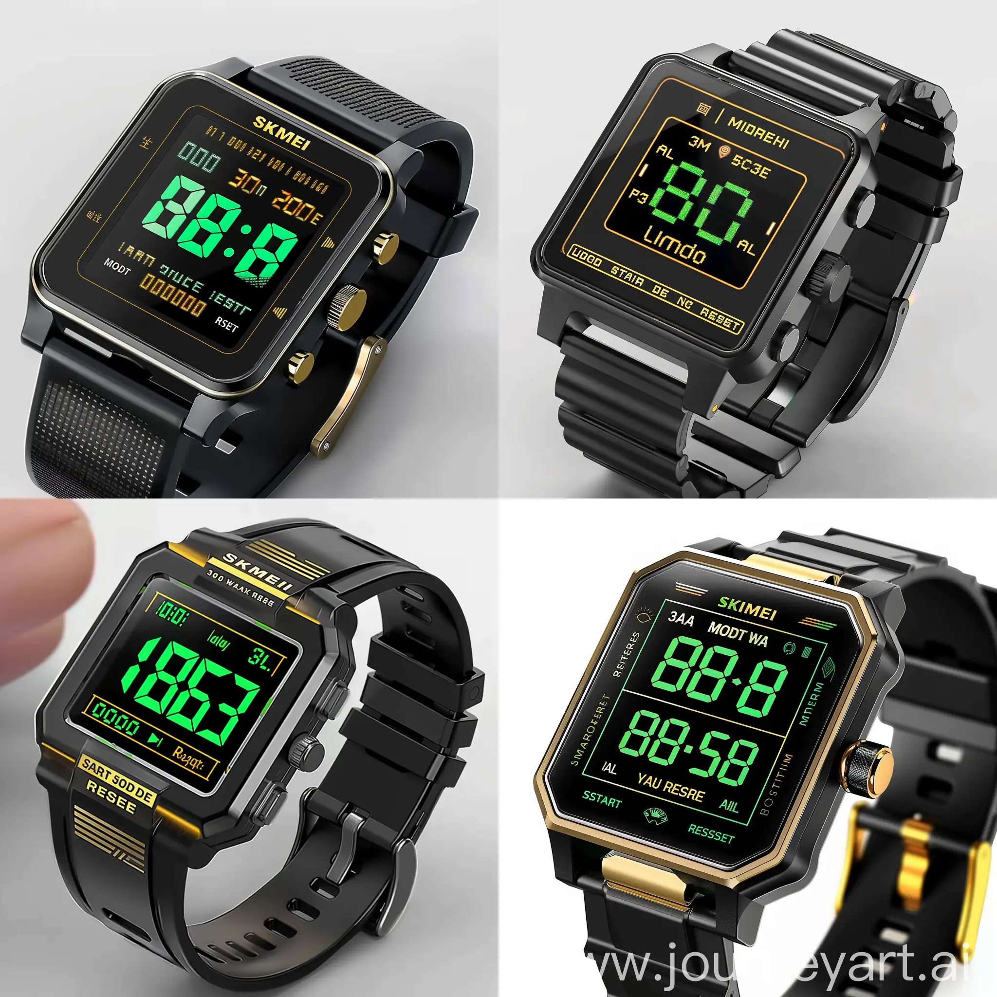 Generate an image of a digital wristwatch with the following features:

1. **Watch Brand and Model:**
   - The brand "SKMEI" displayed prominently at the top of the watch face in gold text.

2. **Watch Face:**
   - The display should be rectangular with rounded edges, featuring a black background.
   - The main digital display should show the current time in large green numbers ("10:50").
   - The top left of the watch face should show the day ("SA") and the date ("10-20").
   - The top right corner should display a small battery icon and "36" seconds in green.
   - The letter "P" should be shown on the left side of the time, indicating PM.
   - Below the time, there should be a small "AL" icon indicating the alarm function.

3. **Watch Text and Icons:**
   - The words "30M WATER RESIST" should be printed at the bottom of the watch face in gold text.
   - On the left side of the watch face, there should be the words "MODE" and "LIGHT" in gold.
   - On the right side of the watch face, there should be the words "START" and "RESET" in gold.

4. **Watch Buttons:**
   - The watch should have four buttons on the sides, two on each side, with a metallic finish.
   - The buttons should be placed in the following order from top to bottom:
     - Left side: "MODE" and "LIGHT"
     - Right side: "START" and "RESET"

5. **Watch Case:**
   - The watch case should be metallic, with a brushed steel finish.
   - The case should have a solid, durable appearance with a slightly angular design around the display.

6. **Watch Strap:**
   - The strap should be black and made of a textured rubber material.
   - The strap should be adjustable with a buckle clasp.

7. **Background:**
   - The background of the image should be plain white to allow easy removal or editing later.

The image should capture the watch from a slightly angled front view, showcasing the details of the watch face, case, buttons, and strap clearly. --v 6 --s 0 --style raw 