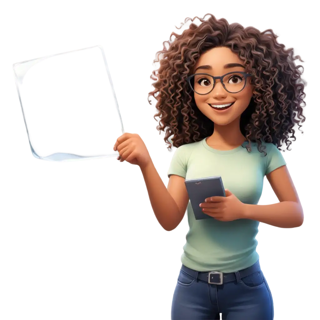 Curly hair girl with glass make a cartoon 