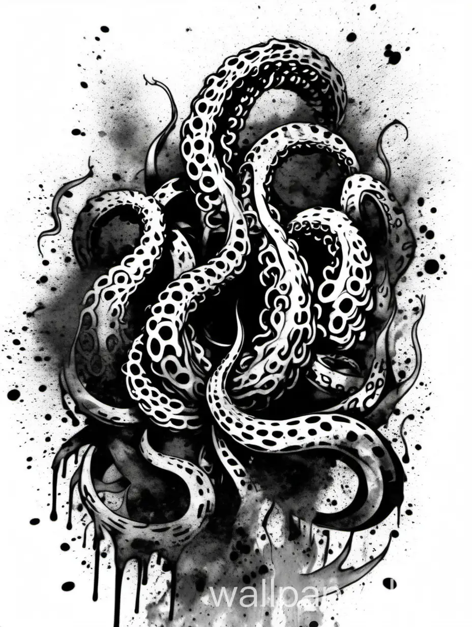 abstract tattoo illustration, abstract negative black tentacles in fire, monochromatic, black white, explosive splatter tentacle effect, painting splatter, wonderful art