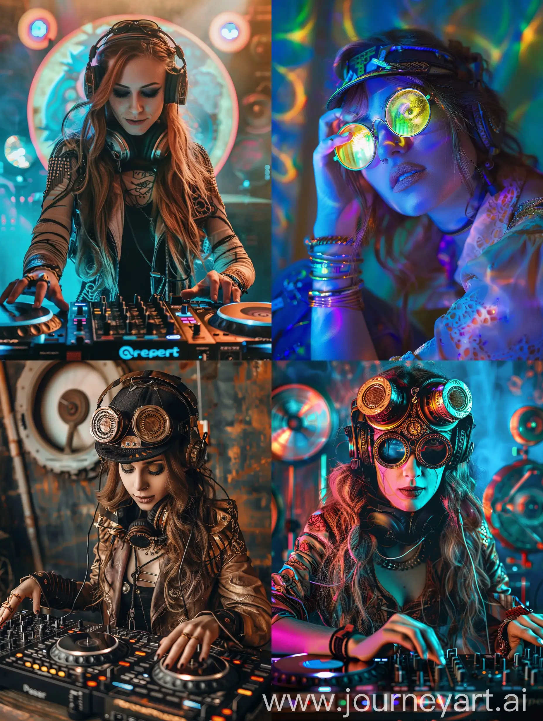 young woman steampunk DJ with psychedelic lighting