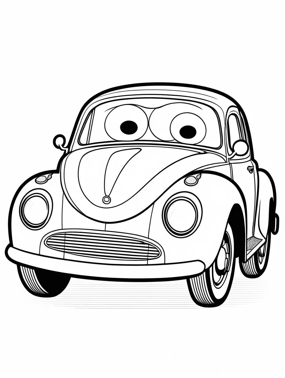 A friendly and chubby car character with a big smiling face. The car has large, beautiful eyes, giving it an approachable and appealing look. The design is minimalistic and done in a cartoon style with clean, clear, and simple outlines. The background is white, and the apple is shown in full body with clear, bold lines for easy coloring. The style is black and white outline, suitable for children aged 2-4., Coloring Page, black and white, line art, white background, Simplicity, Ample White Space. The background of the coloring page is plain white to make it easy for young children to color within the lines. The outlines of all the subjects are easy to distinguish, making it simple for kids to color without too much difficulty, Coloring Page, black and white, line art, white background, Simplicity, Ample White Space. The background of the coloring page is plain white to make it easy for young children to color within the lines. The outlines of all the subjects are easy to distinguish, making it simple for kids to color without too much difficulty