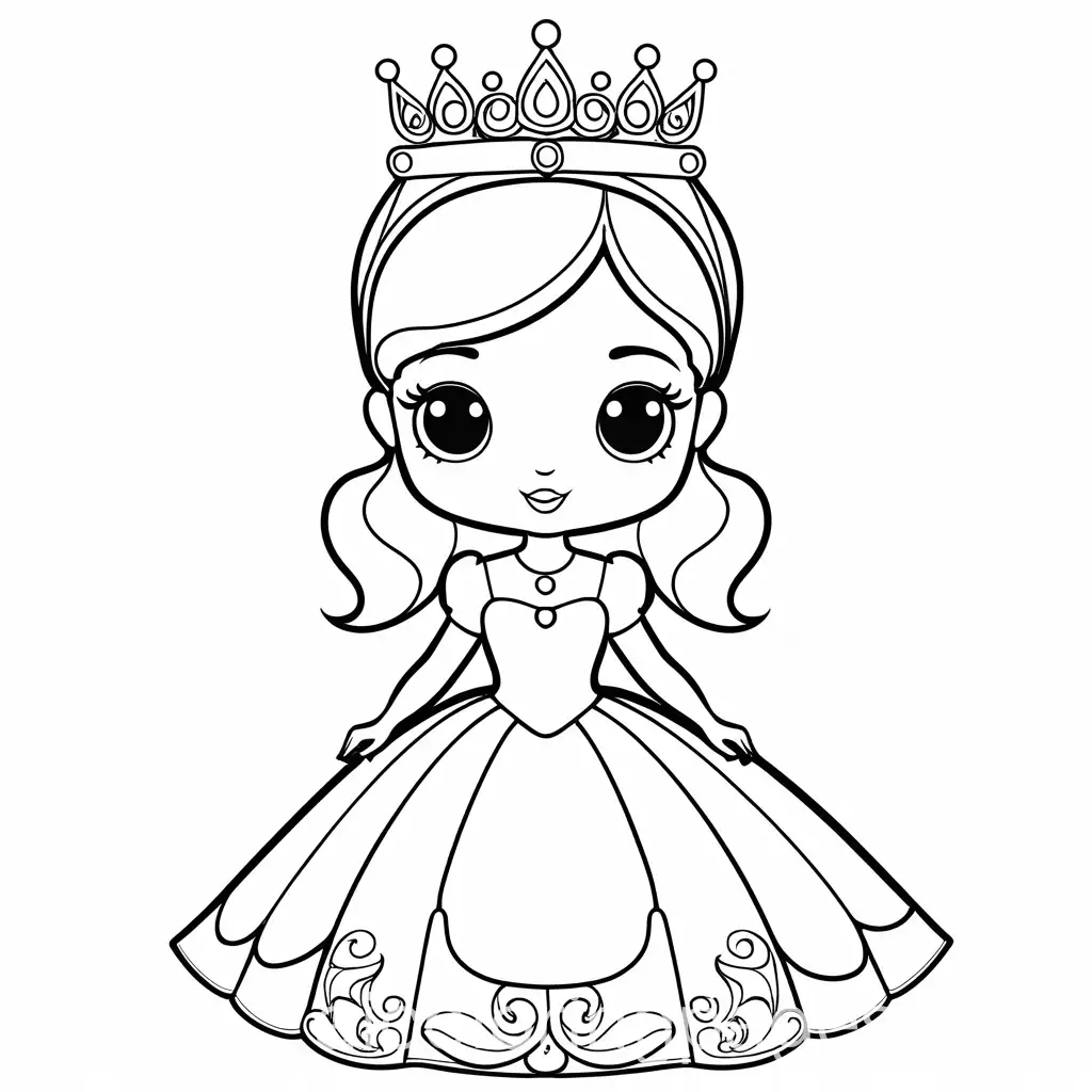 a coloring page of a princess wearing a dress and a crown and heels with mi-long air and large eyes for a kids coloring page. coloring page, black and white, bold line art, white background, simplicity, ample white space. the background of the coloring page is plain white to make it easy for young children to color within the lines to distinguish, making it simple for kids to color without difficulty, Coloring Page, black and white, line art, white background, Simplicity, Ample White Space. The background of the coloring page is plain white to make it easy for young children to color within the lines. The outlines of all the subjects are easy to distinguish, making it simple for kids to color without too much difficulty