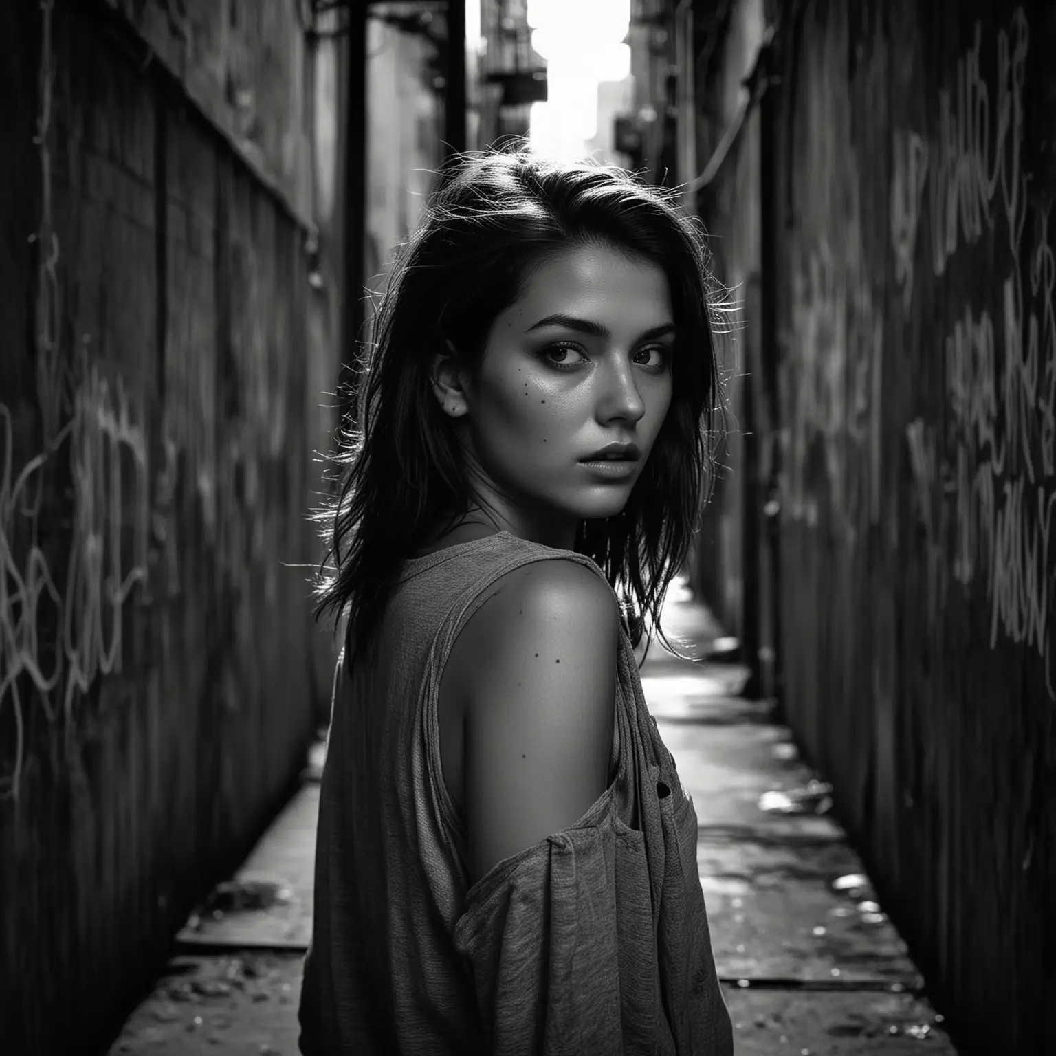 Captivating DarkHaired Model in Urban Alley Portrait