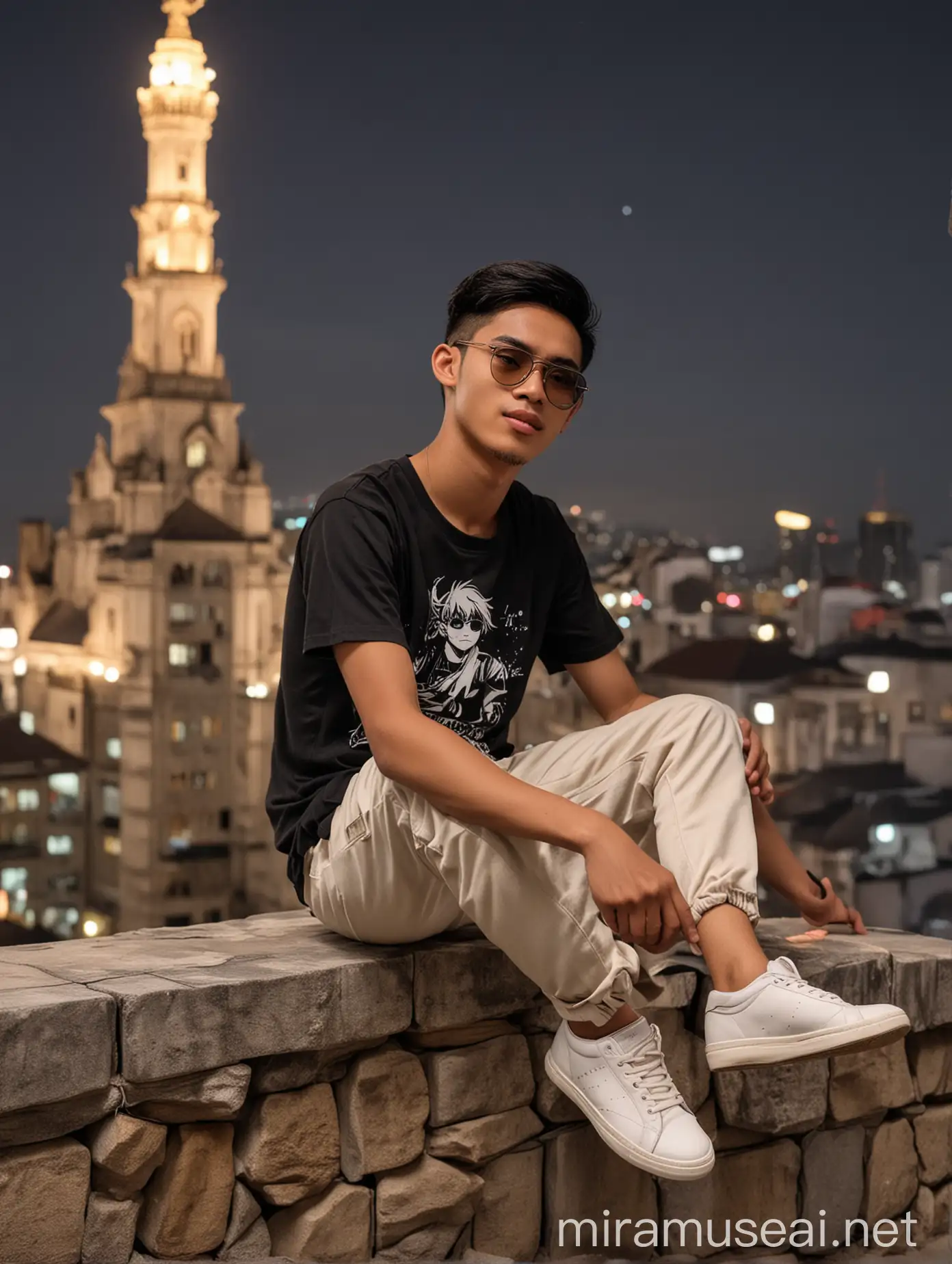 a handsome 23 year old Indonesian young man, wearing a black anime t-shirt, sunglasses, cream trousers and white shoes.  he took a photo while sitting on a stone dreamily hugging his knees on top of a building at night, high quality, 8K HD quality, original photo.