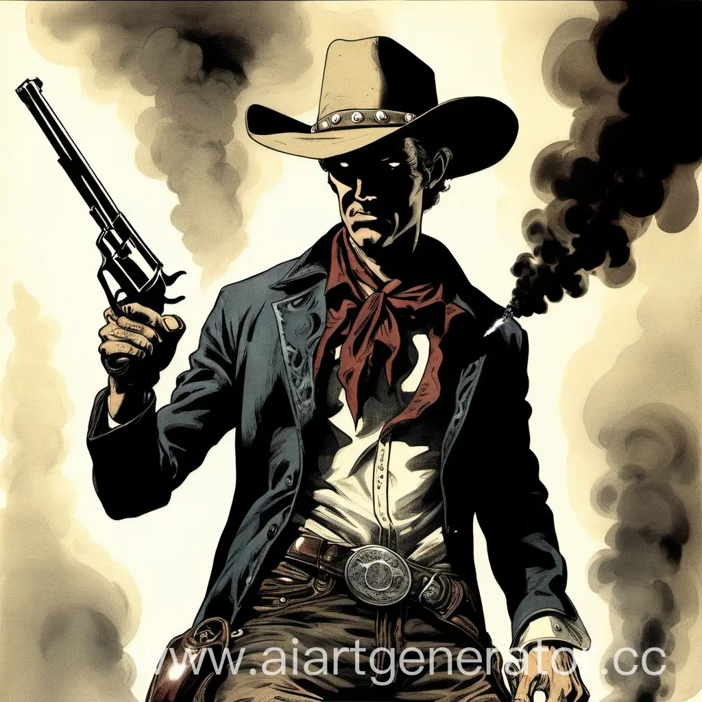 изображение по пояс. мужчина в ковбойской одежде держащий в согнутой в локте руке револьвер из дула которого идёт пороховой дым.