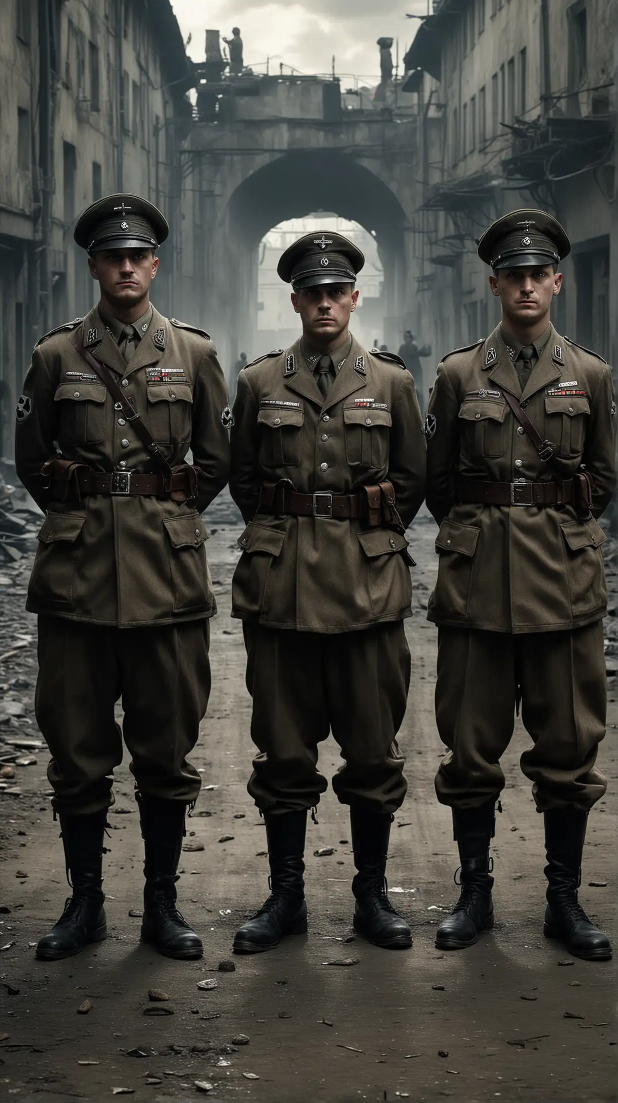 Create an image of three Nazi German soldiers standing in a menacing pose for a video cover. The soldiers should be dressed in authentic World War II German military uniforms, complete with helmets, insignias, and weapons (such as rifles or submachine guns). They should be positioned against a dark, ominous background, possibly with elements like barbed wire, a ruined cityscape, or an imposing military structure in the background. The overall mood of the image should be intense and foreboding, capturing the authoritarian and oppressive nature of the Nazi regime. The lighting should be dramatic, with stark contrasts and shadows to enhance the sense of menace and tension.