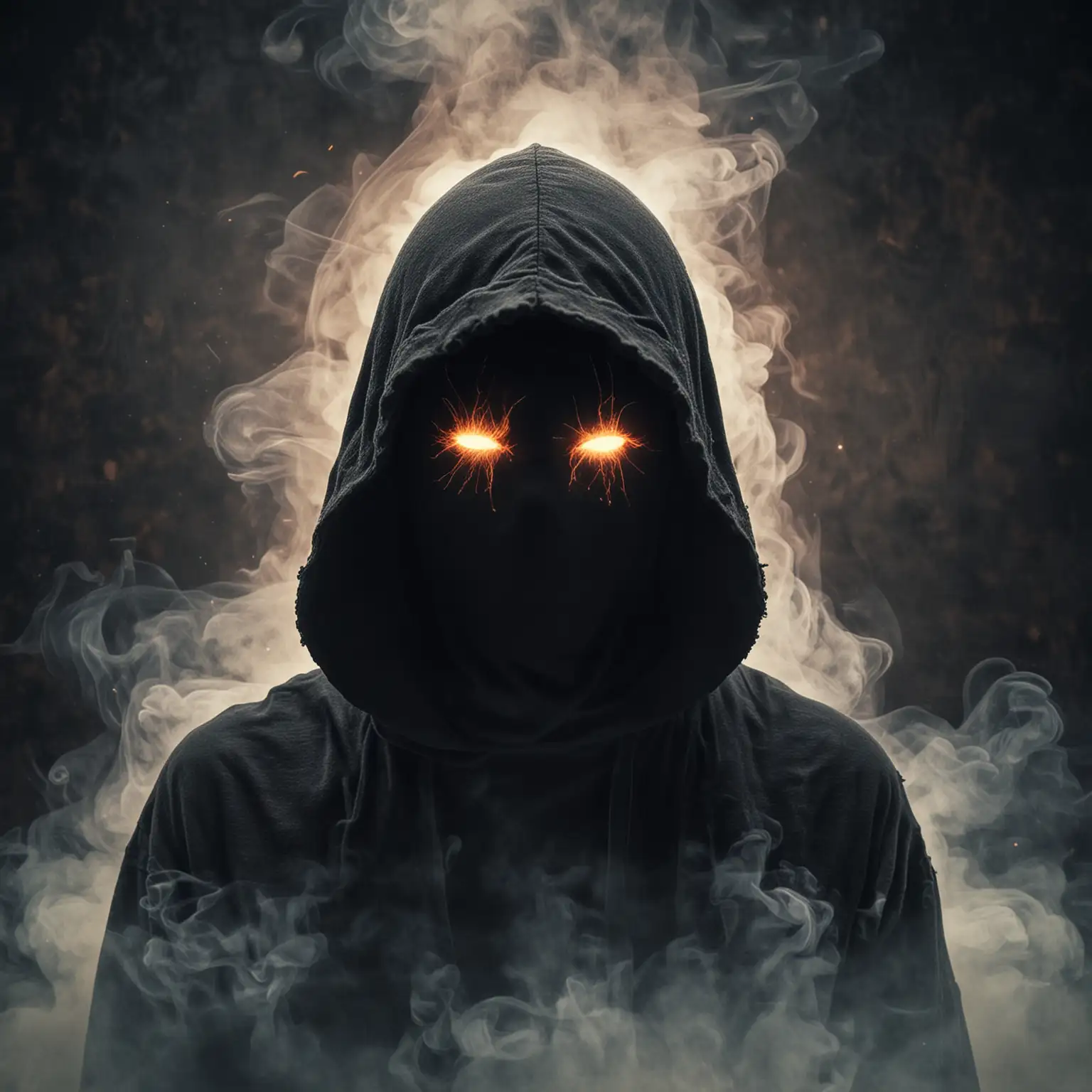 Hooded Figure with Glowing Eyes in Mysterious Smoky Atmosphere